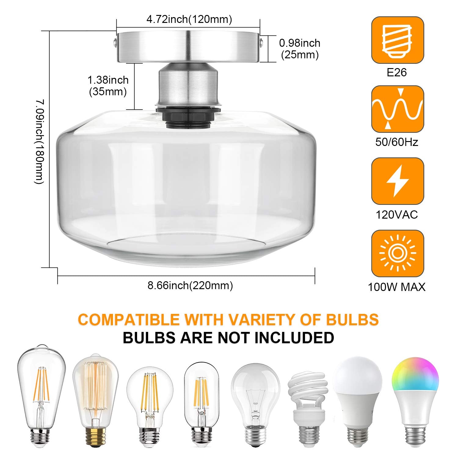 Maxvolador Industrial Semi Flush Mount Ceiling Light Brushed Nickel, Clear Glass Pendant Lamp Shade Farmhouse Lighting Hallway,