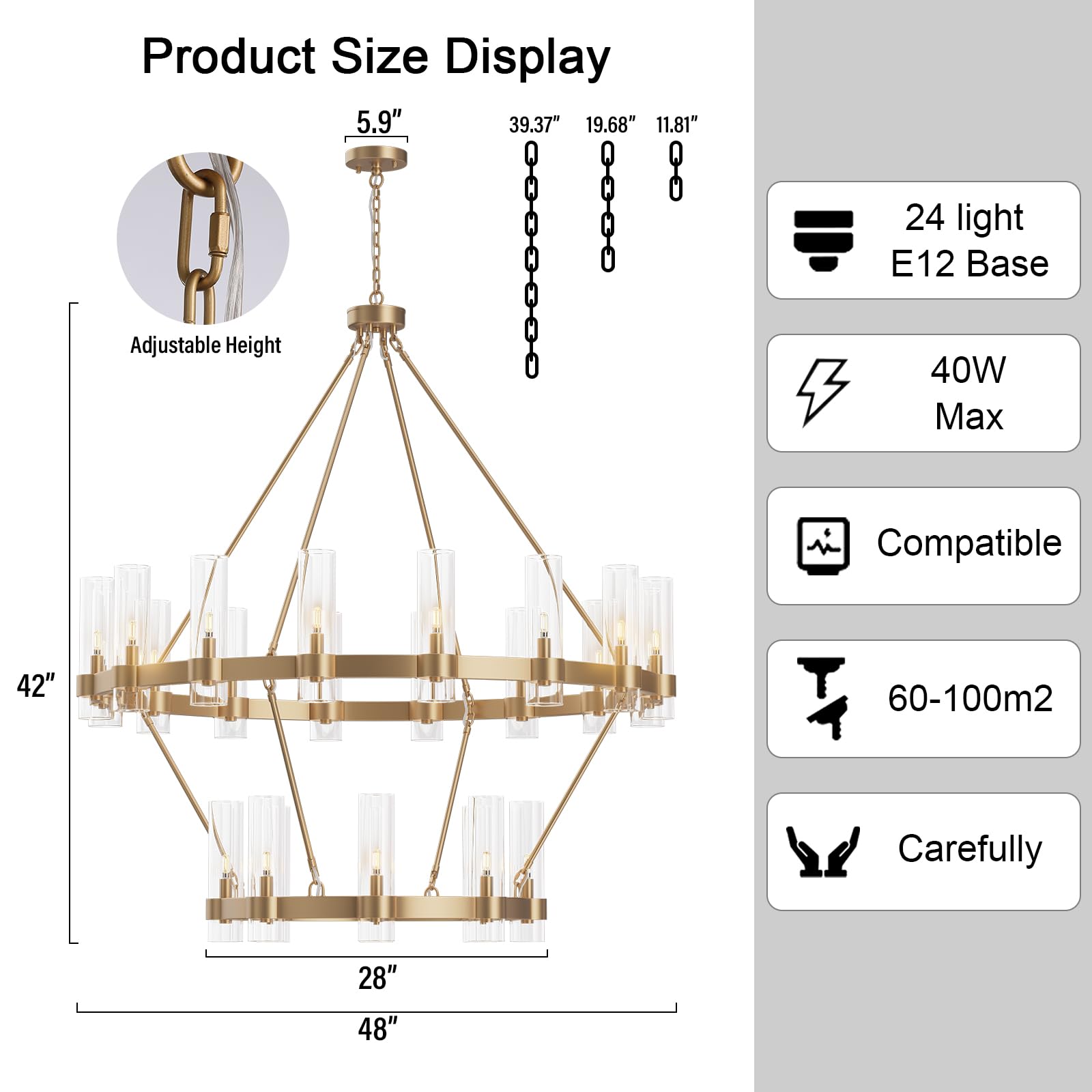 Yiosi 24-Lights Gold Chandelier,Wagon Wheel Chandelier With Glass Shade,48 Inch Large Round Industrial High Ceilings Pendant Lig
