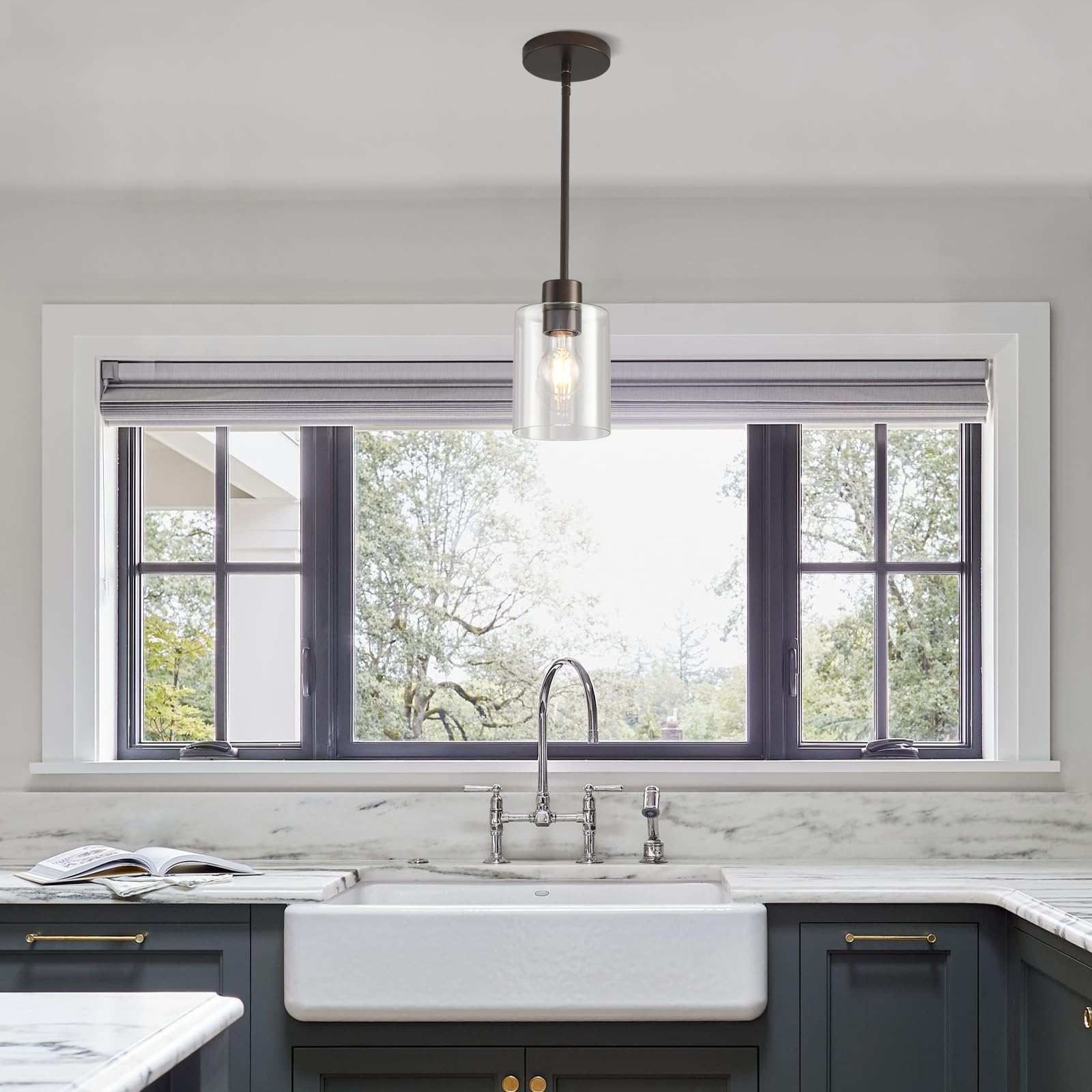 KLSS Oil Rubbed Bronze Pendant Lights, Clear Glass Fixture, 3 Pack, 12in & 4in Rods, Model KFDD3P003