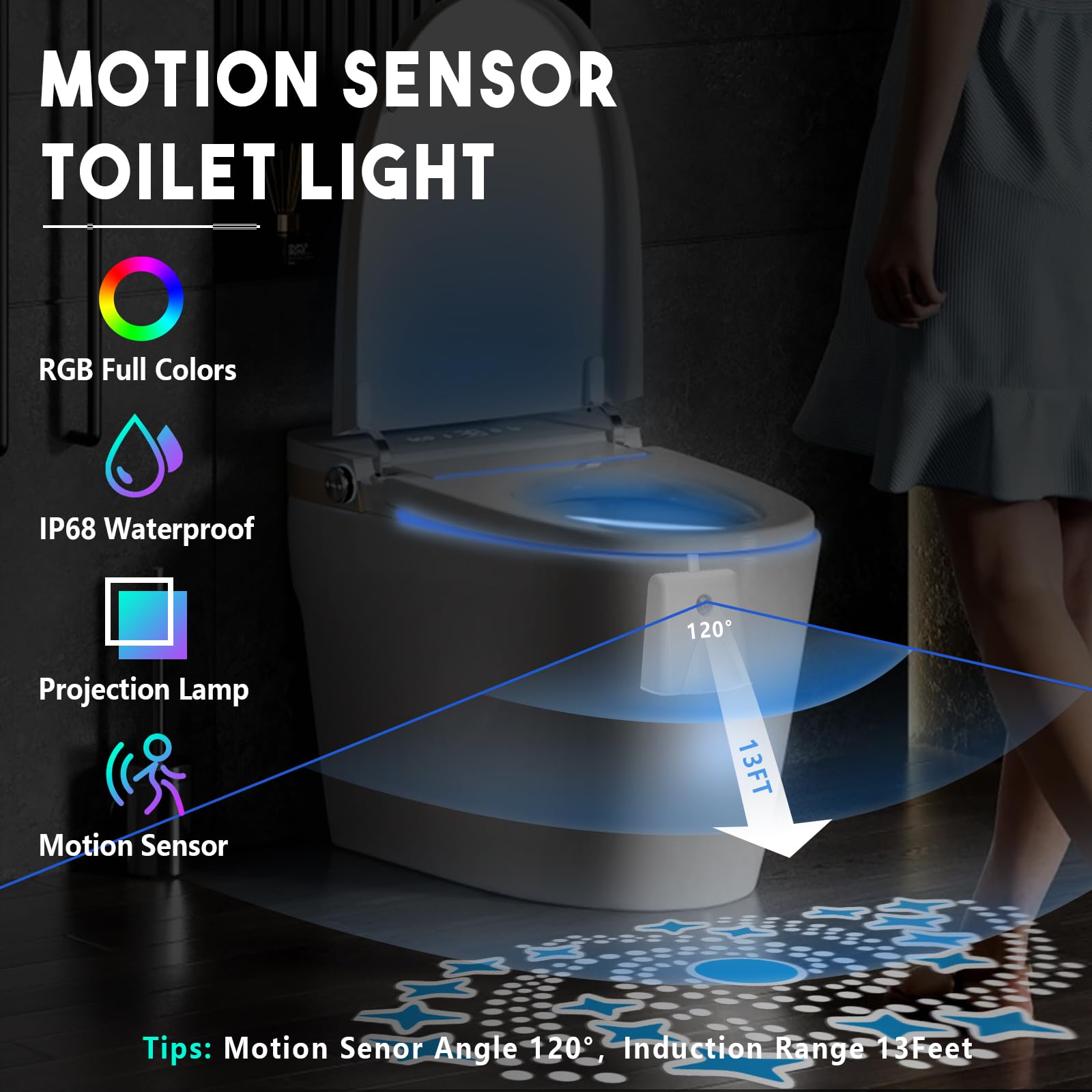 Lavaed 2 Pack Toilet Night Lights 16 Color Changing,Motion Sensor Activated Led Projection Nightlight Usb Rechargeable Toilet Bo