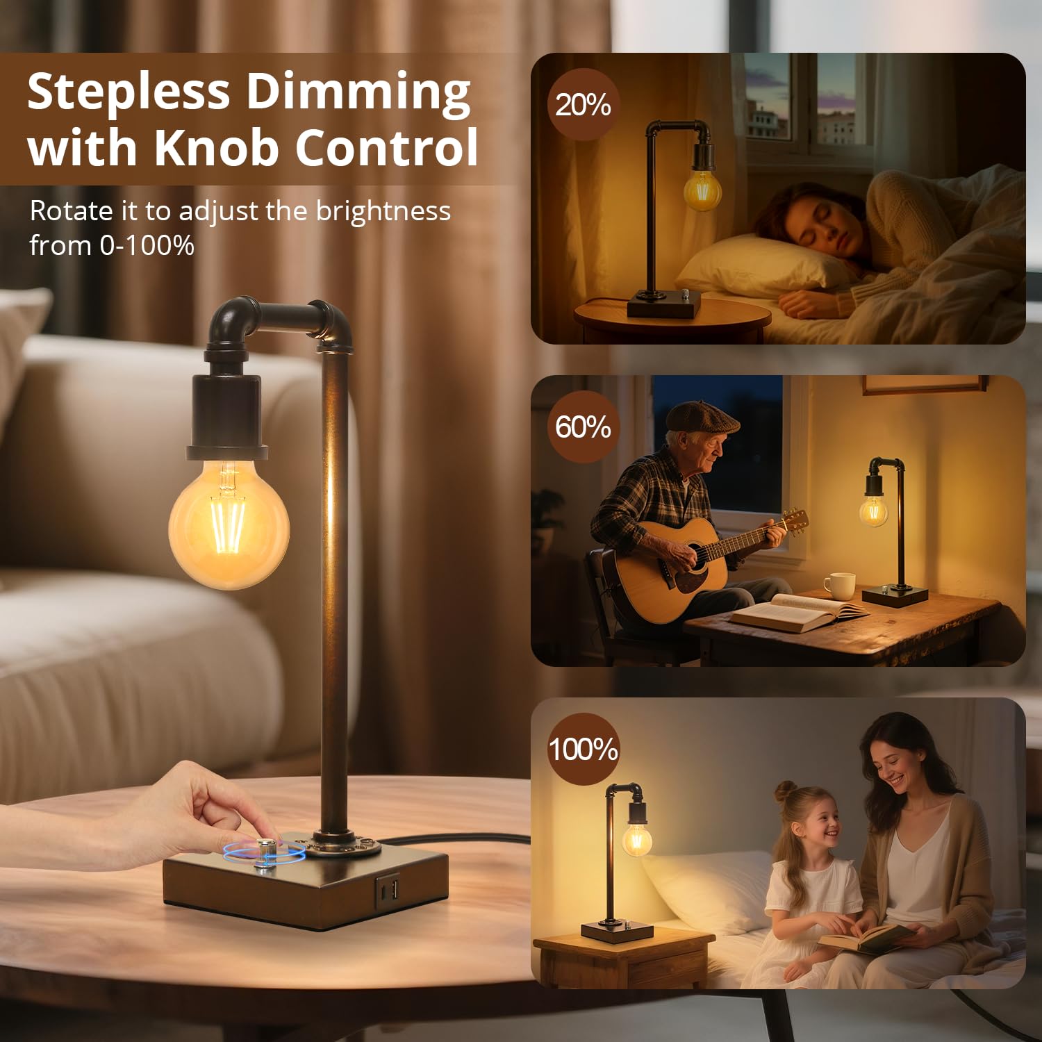 Seaside Village Industrial Table Lamp, Fully Dimmable, Antique Bronze, Metal, 5.59in x 5.59in x 16.14in, Includes 6W LED Bul