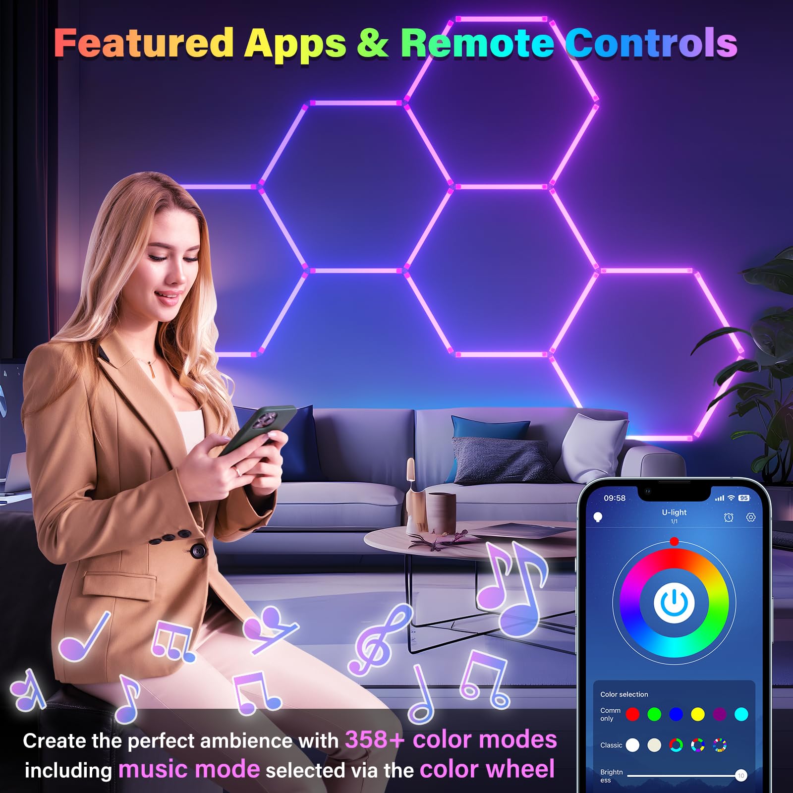 Allyes Hexagon Led Lights - Garage Hexagon Light With 358 Color Modes, Dimmable And Speed Adjustable Rgb Hexagon Wall Lights, Di