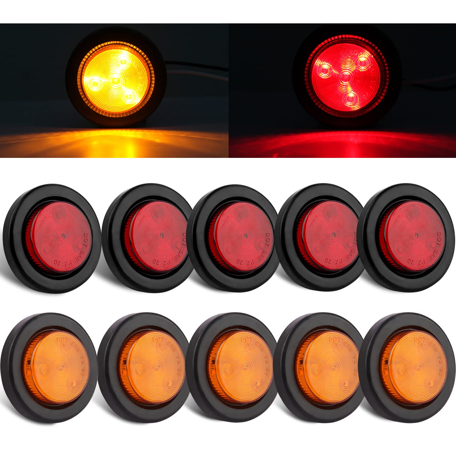 10Pcs 2 Inch Round Led Side Marker Clearance Lights For Trailers, 5 Amber And 5 Red Sealed 2 Round Led Trailer Marker Lights 4 L