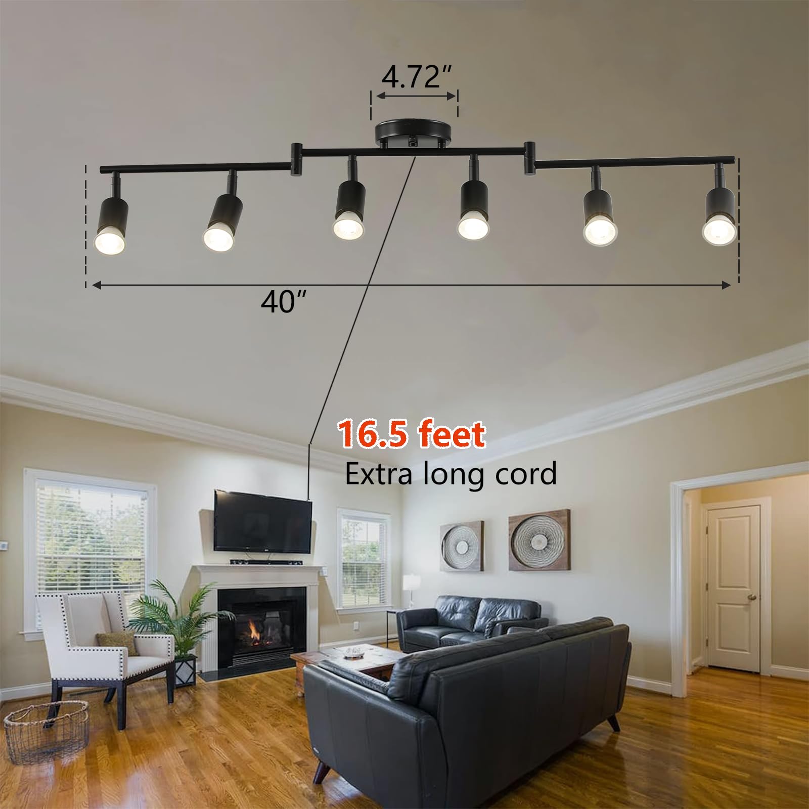 Vivihobb Dimmable Plug In Track Light Black 6 Light Plug In Ceiling Lighting Fixture With 16.4 Long Cord 6 Way Ceiling Spotlight Rotatable Wall Mount Light Head Led Dimmable Spot Bulbs Included