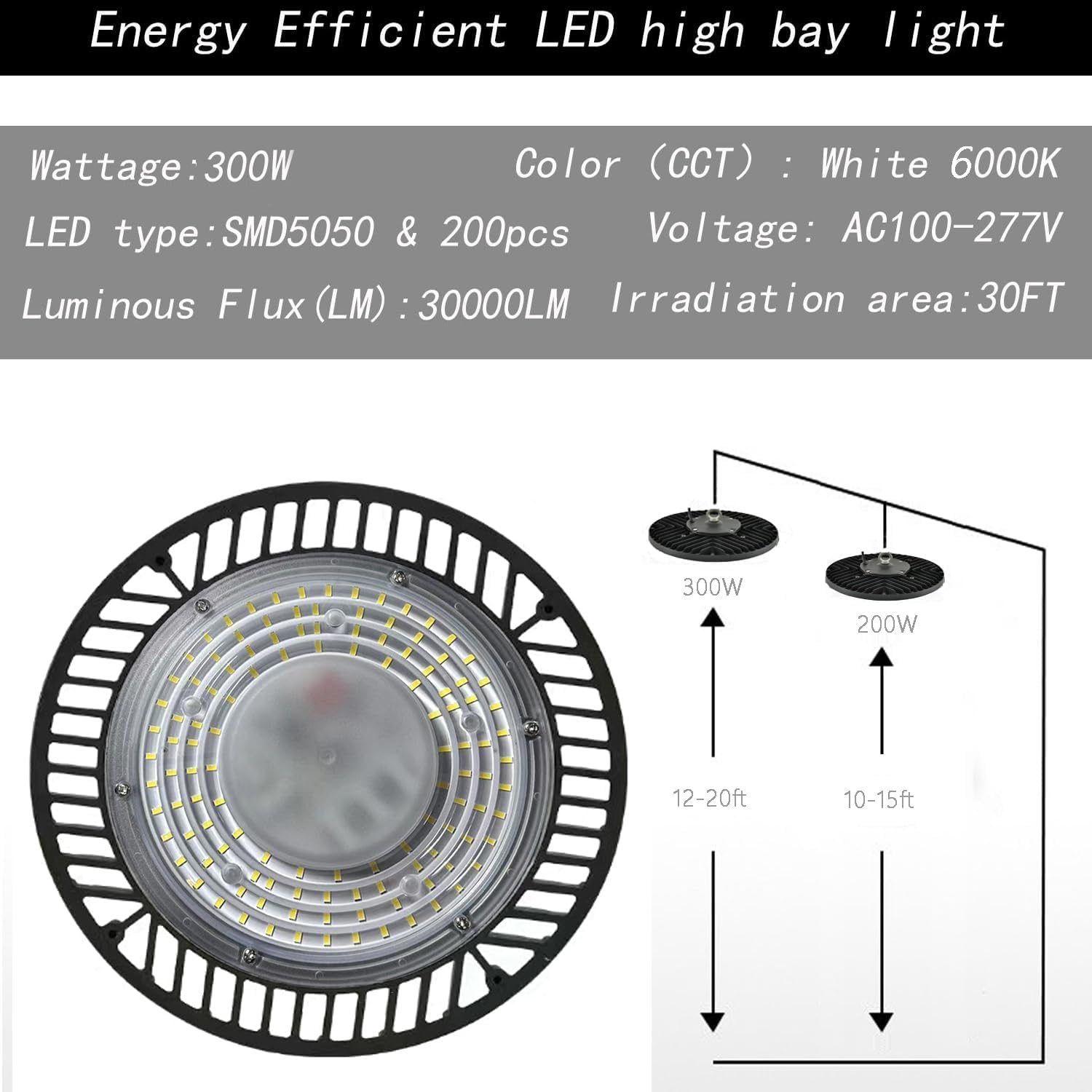 Tiyahomey 200W-1Pack Ufo Led High Bay Light,22000Lm 6000K Daylight 2000W Equivalent With Us Plug Cable Led Garage Lights Commerc