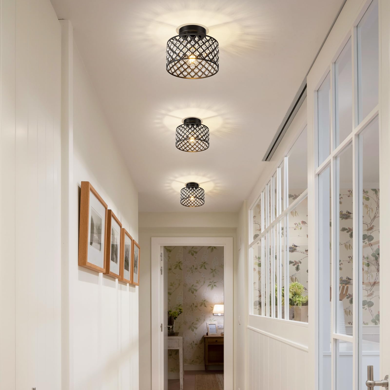 BZVESR Black Crystal Ceiling Light Fixture, Modern Semi Flush Mount Chandelier, 9 inch, 1 Light, for Hallway, Kitchen, Bedroom