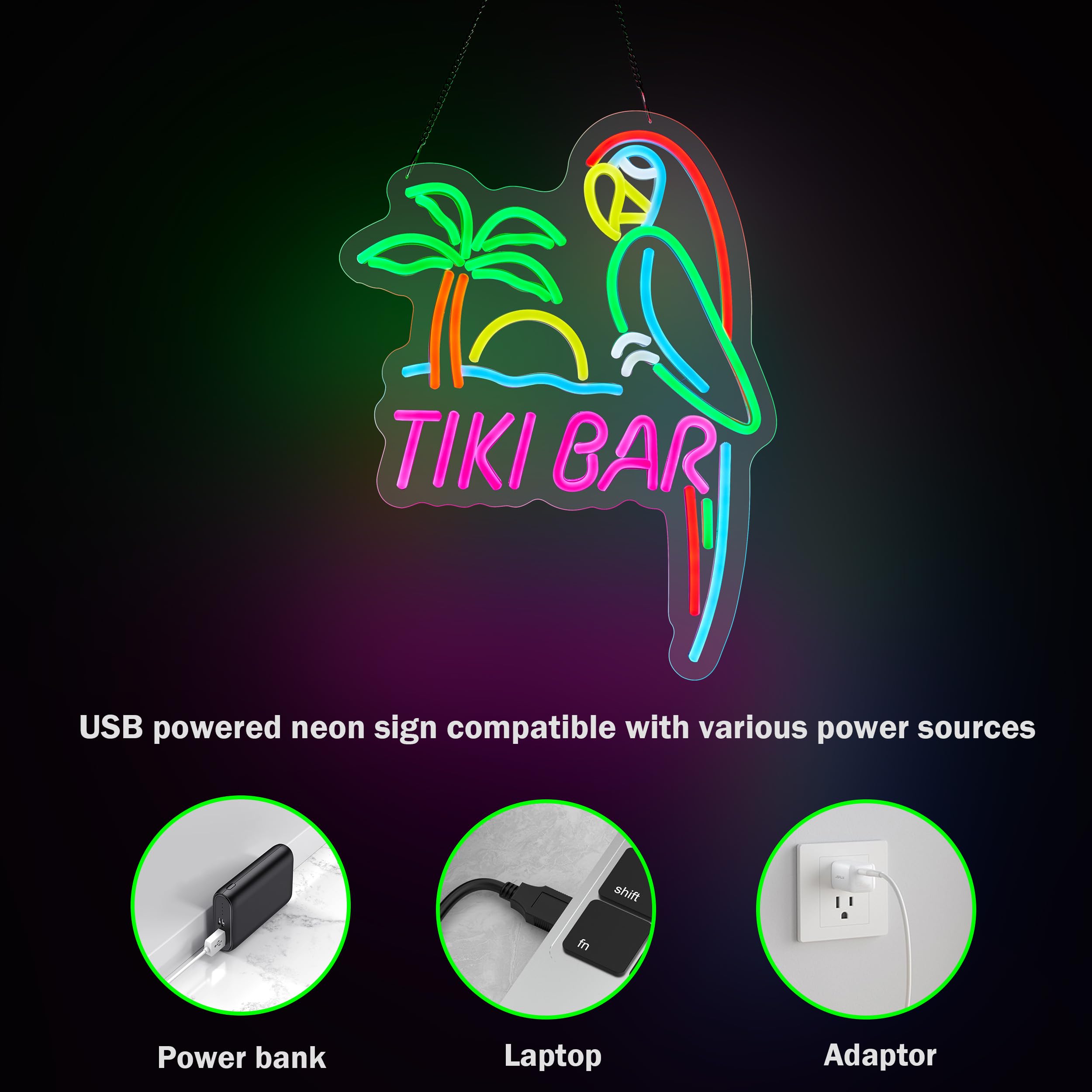 ZODZ Tiki Bar Parrot Neon Light Sign Dimmable USB Powered 17x13 inch Pink Yellow Green White Blue Orange