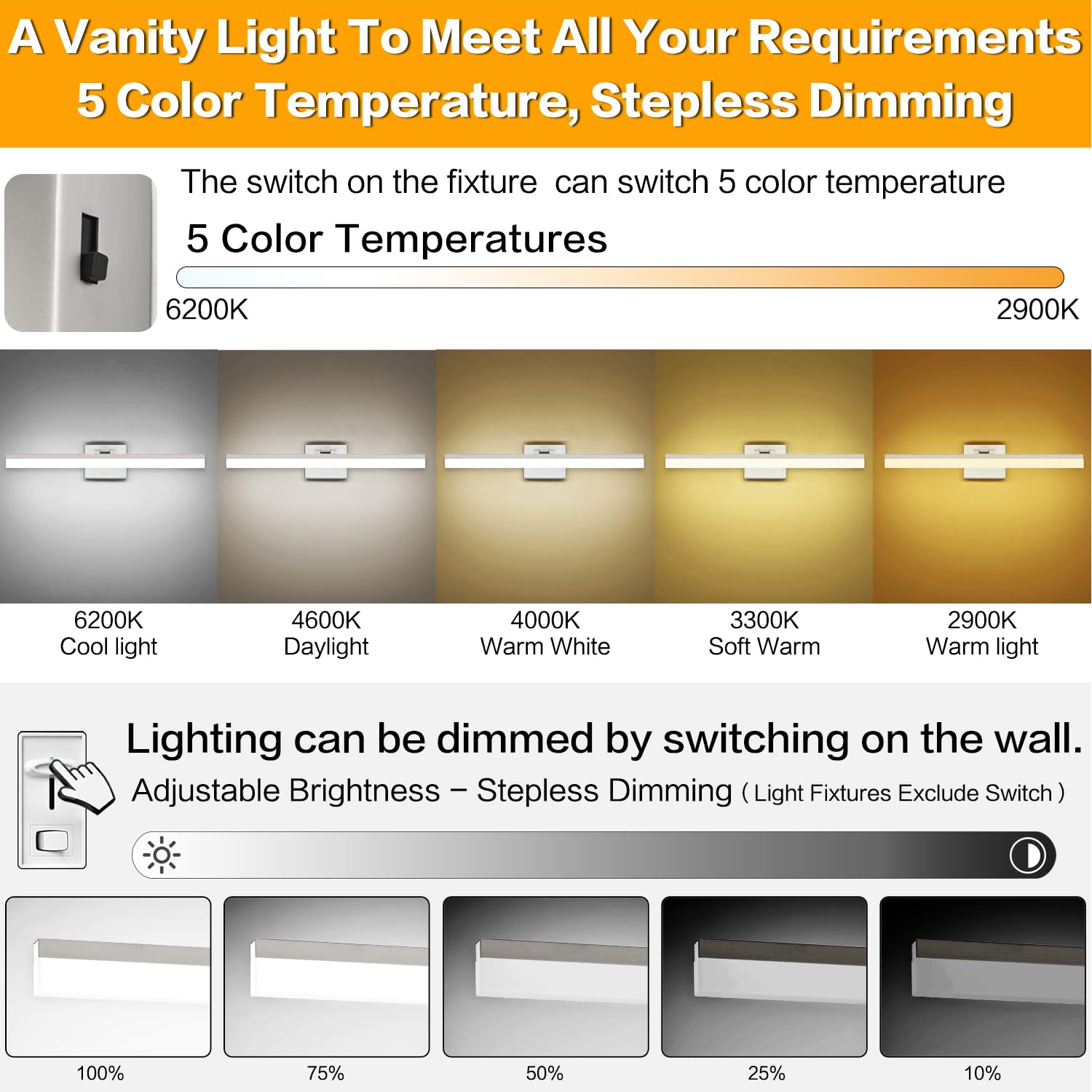 SOLFART 24-Inch LED Vanity Light Fixture, Brushed Nickel, 5 Color Temperature Dimmable, Model 8778-610mm-NK-5CCT