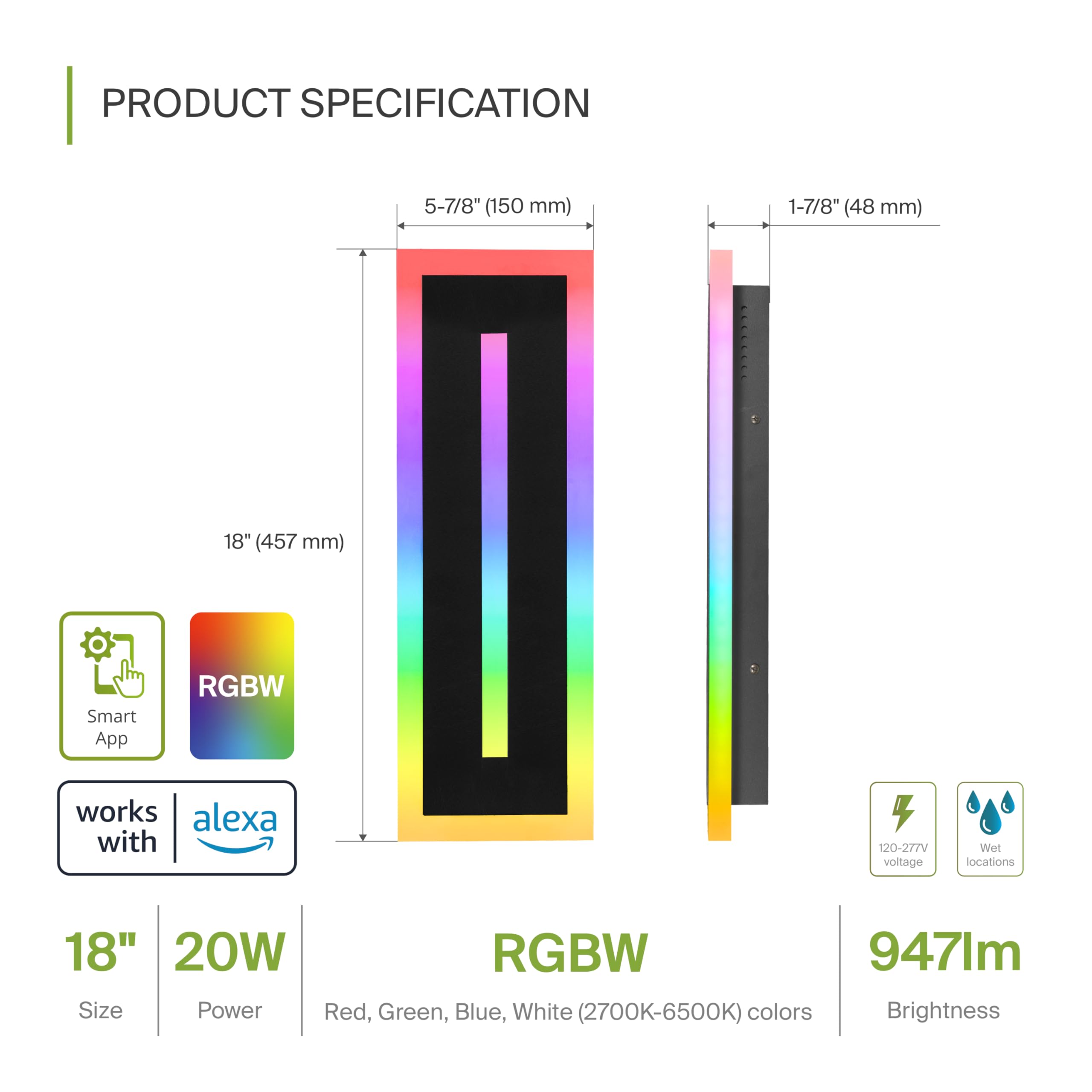 ASD LED Wall Mount Light Fixture | RGBW, Waterproof, ETL Listed | 18in | Black | Model A-WS27C18D20RGB-B