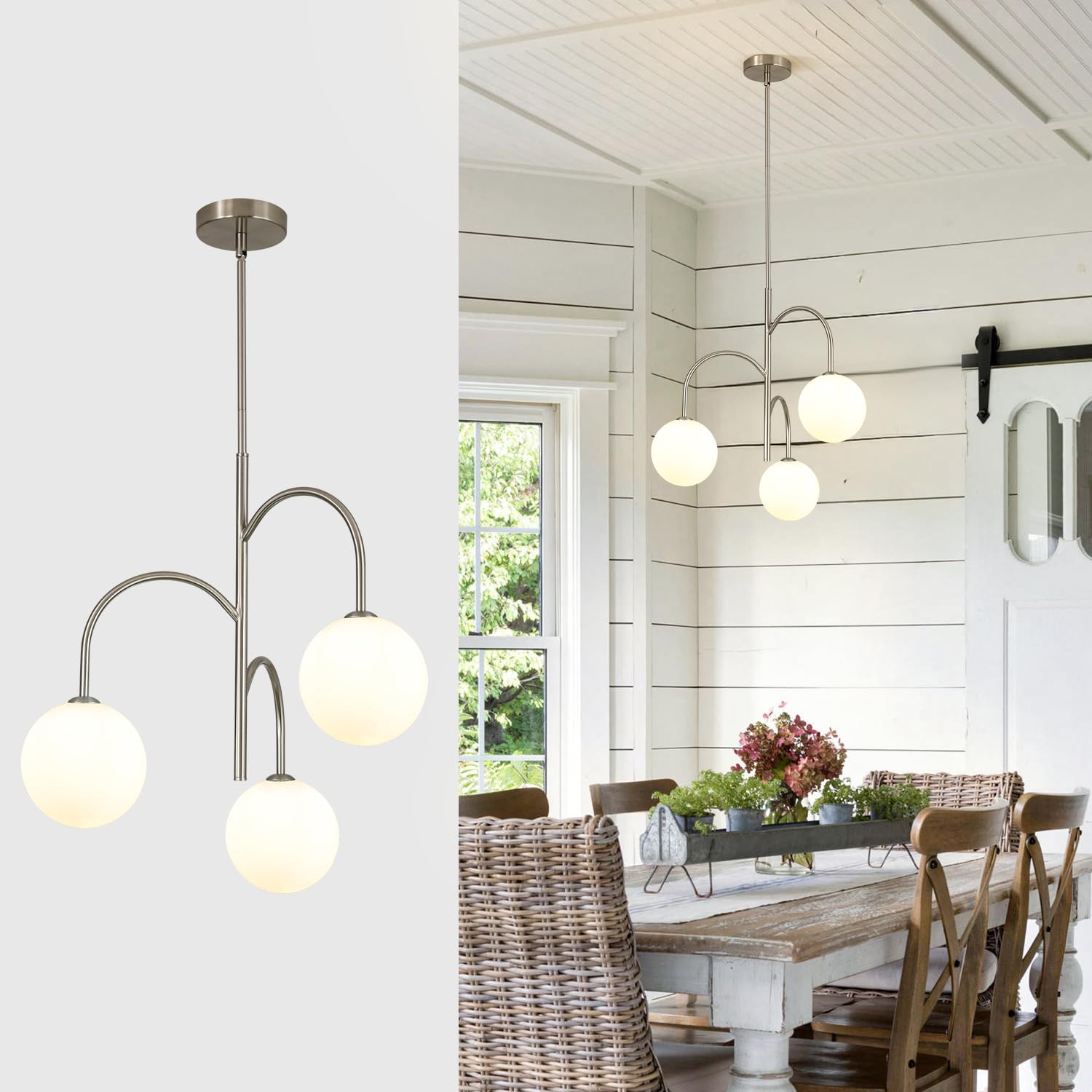 Flyrose Modern 3 Light Brushed Nickel Chandelier Milk Glass Pendant Lights Kitchen Island White Globe Chandelier Light Fixture S