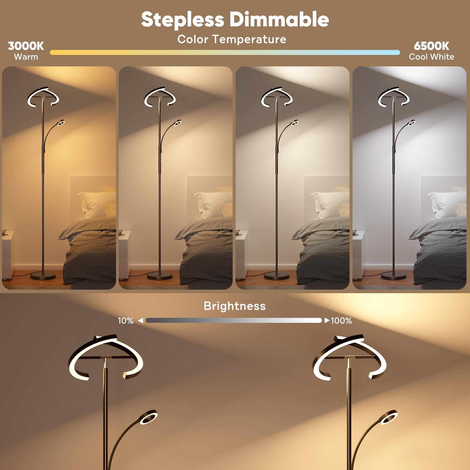 SIBRILLE RGBCW Floor Lamp with Reading Light, 36W Dimmable LED, Black, Model BP-F020