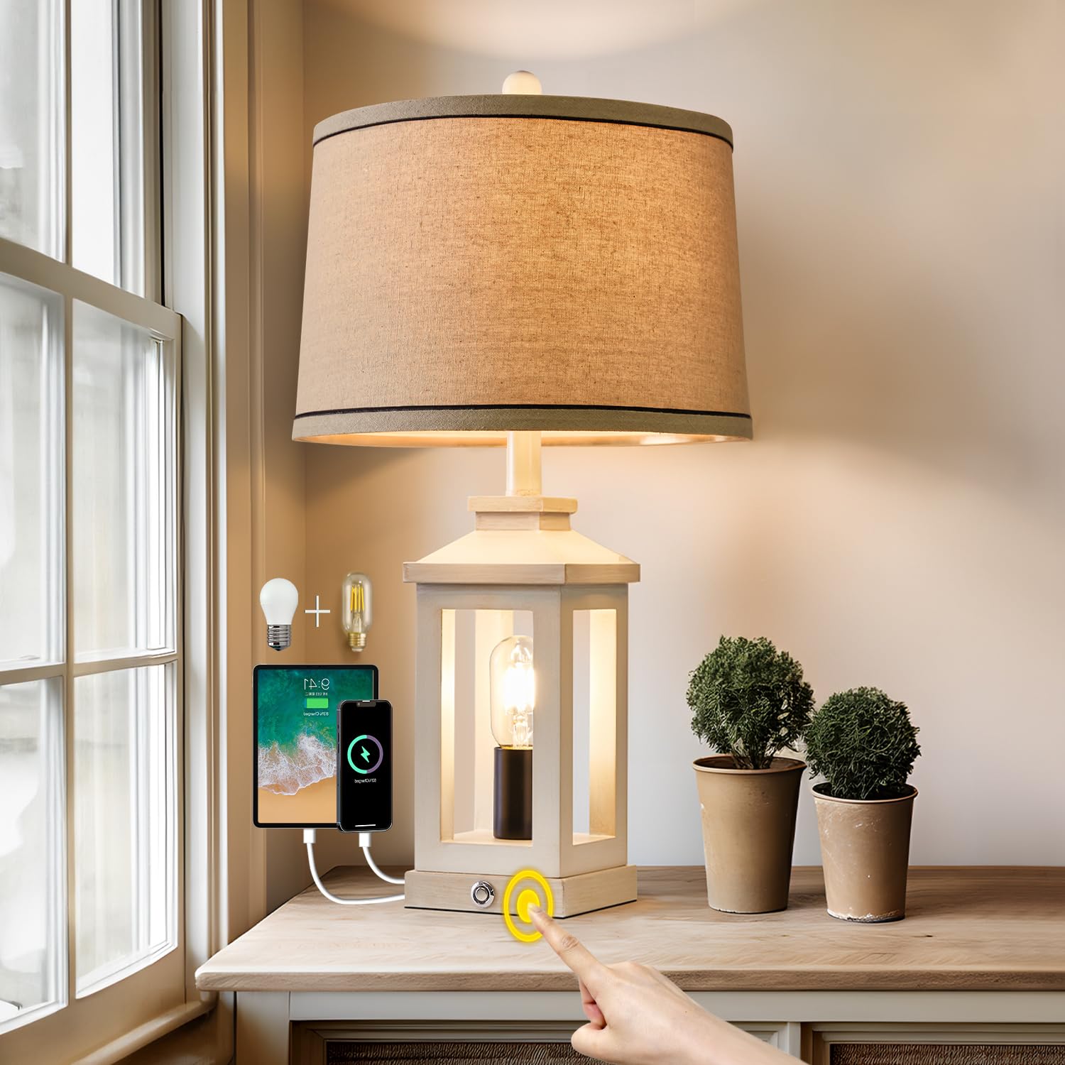 G-Safava 23.75'' Retro Farmhouse Usb C+A Ports Table Lamp With 3 Way Dimmable Touch Control White Nightlight Vintage Modern Lamp