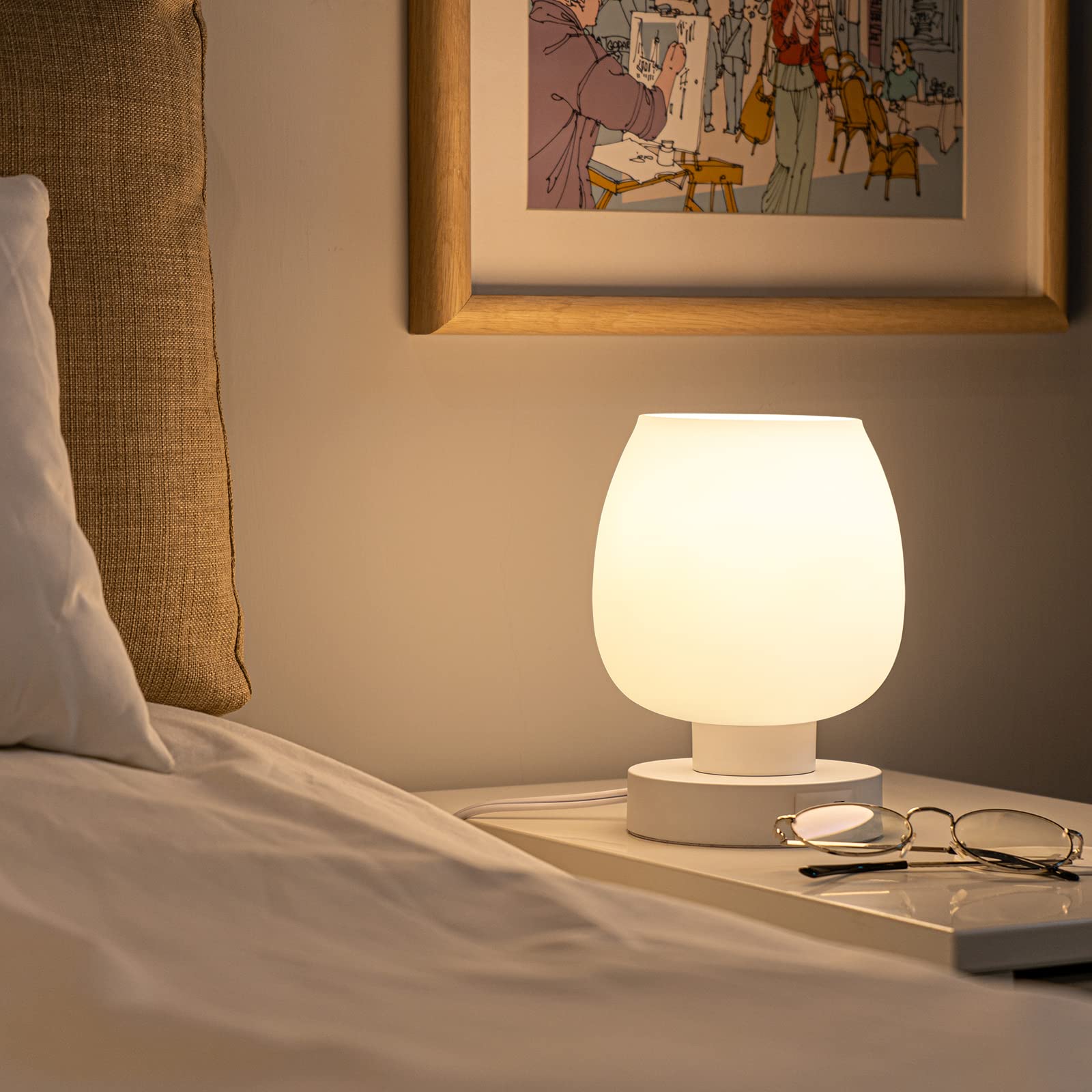 ONEWISH Touch Bedside Table Lamp - Small USB White Glass Lamp with 3-Way Dimming & Charging Ports, Model 13TAB003USC, Warm LED Bulb Included