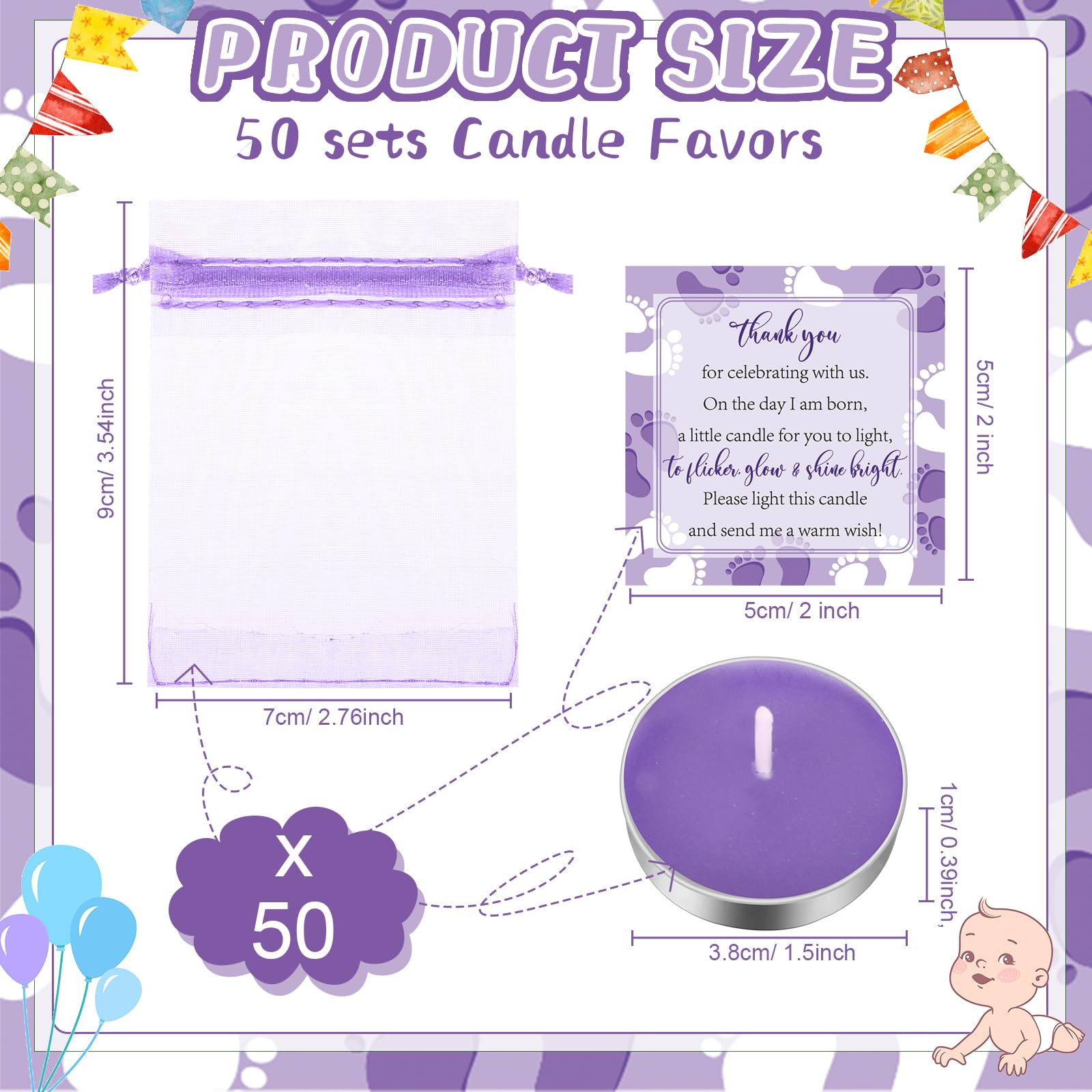 50 Sets Baby Shower Party Favors Including 50 Pcs Unscented Tealight Baby Shower Candles 50 Pcs Gift Bags 50 Pcs Baby Shower Cards For Baby Shower Gender Reveal Party Supplies (Purple)