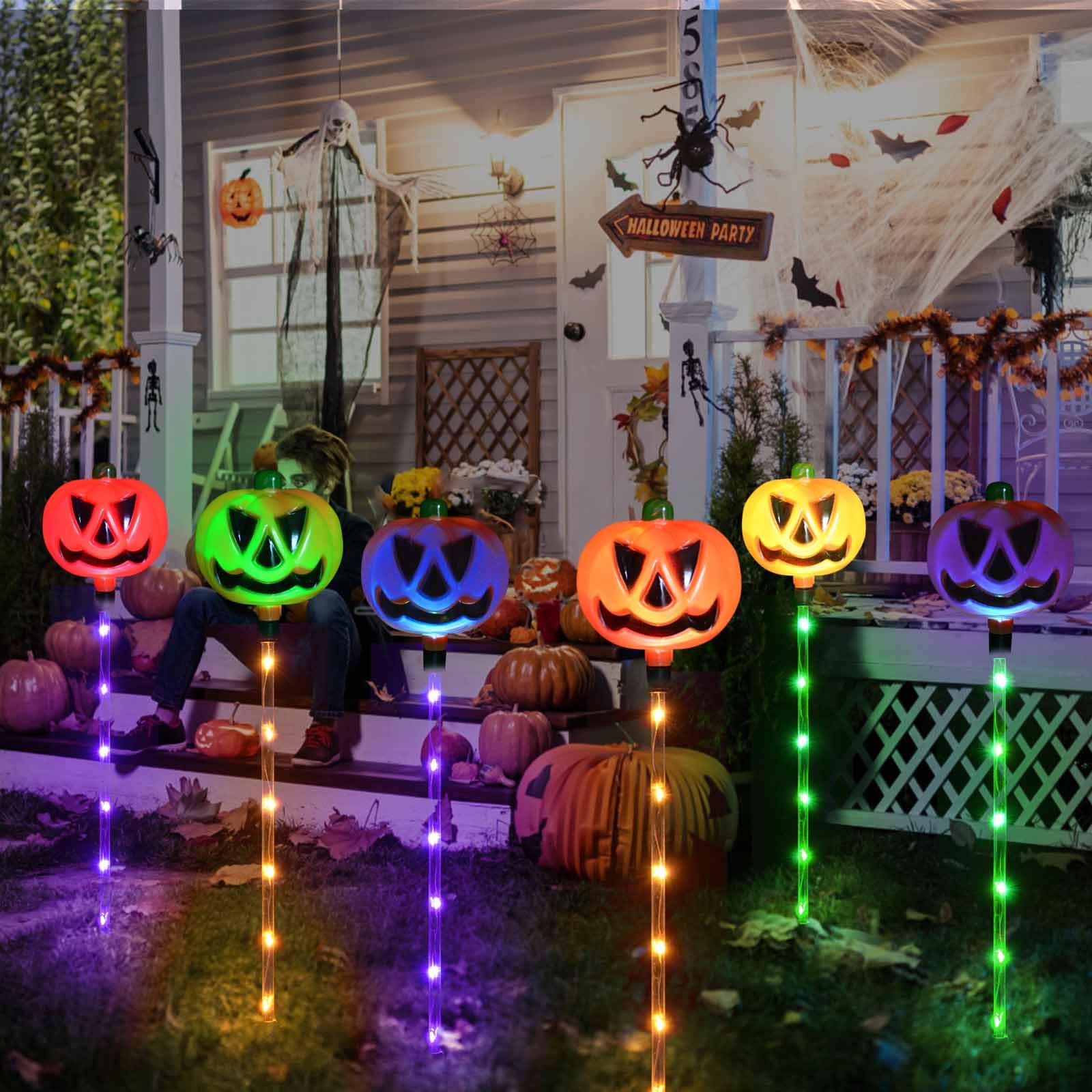 Janchs 6-Pack Solar Halloween Pumpkin Garden Stake Lights - Waterproof Outdoor Decor