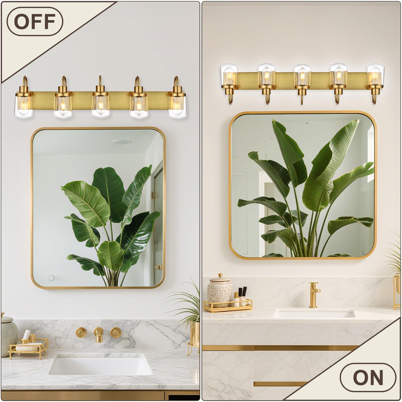 Yaohong 5-Light Bathroom Vanity Light Fixtures, Brushed Gold, Glass Shade, Model AT9064WL5-YB