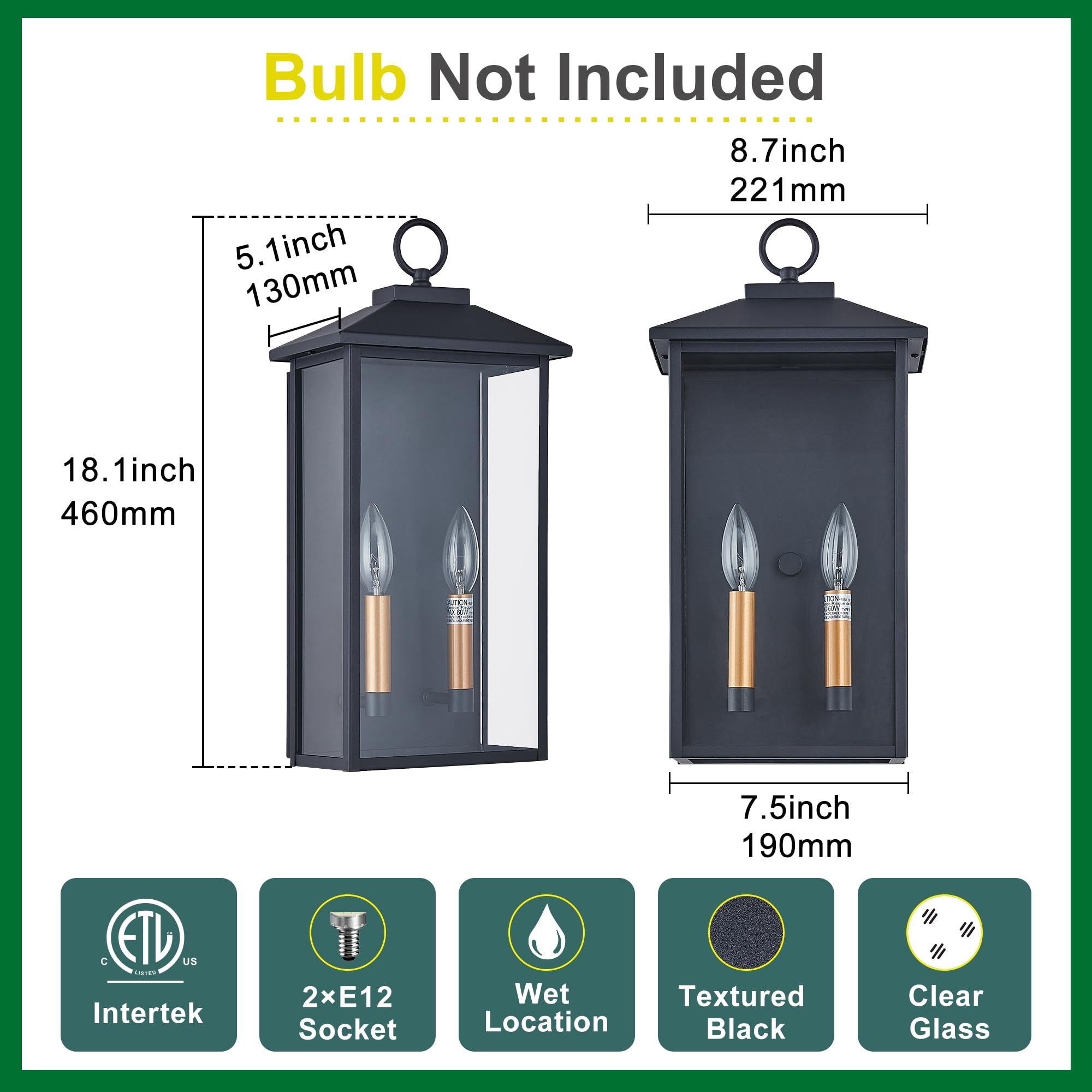 Tarentlight 18 Inch Wall Light In Clear Glass And Textured Black And Golden Candle Cap Sleeve Outdoor Lighting Wall Sconce 2-Light 120Watts For House Doorway Garage Bulb Not Included.