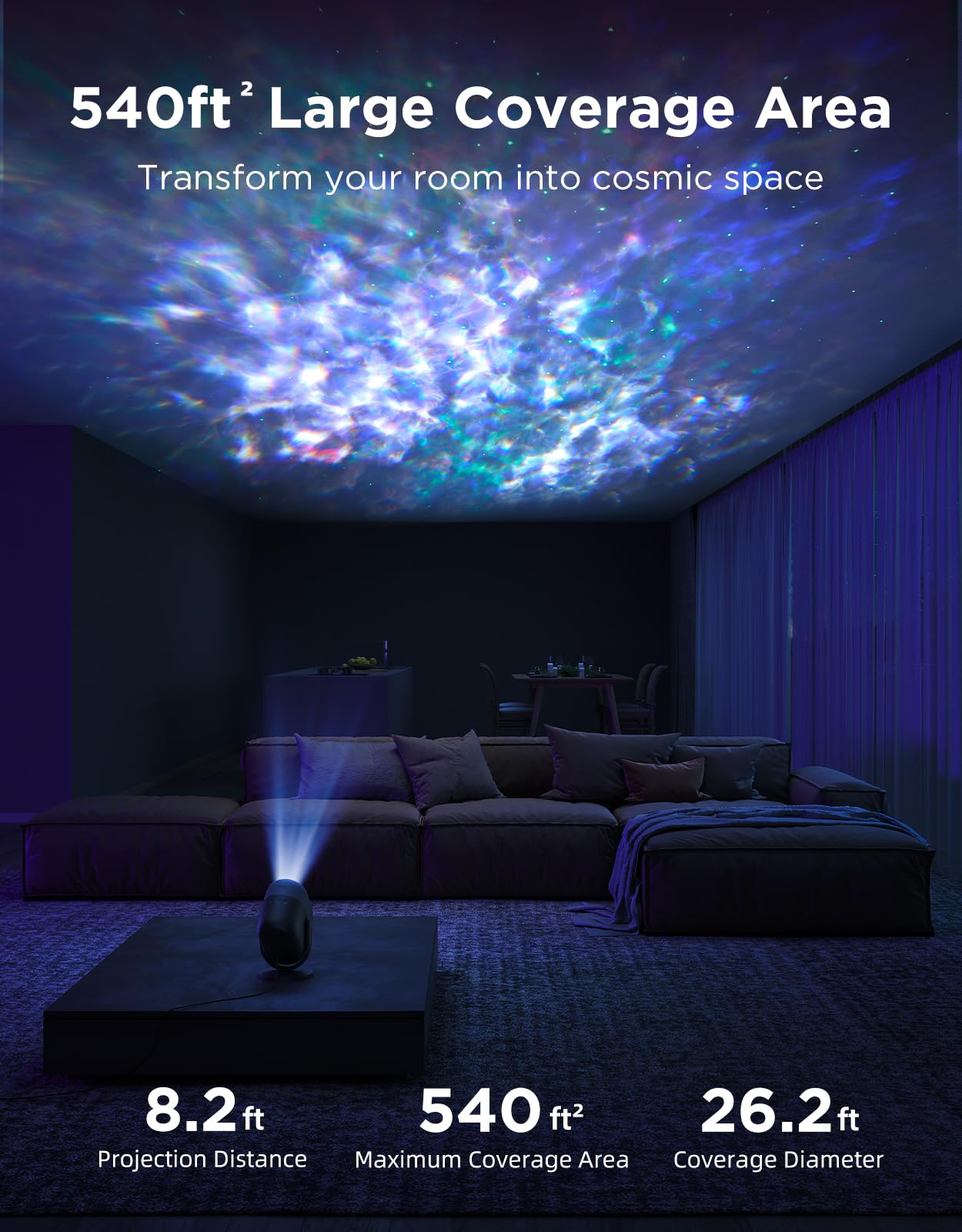 Govee Star Projector Lights, 7-Zone Colorful Nebula, 540ft² Coverage, ABS, Black, Model H6095, LED Sleep Lamp for Kids & Room Decor