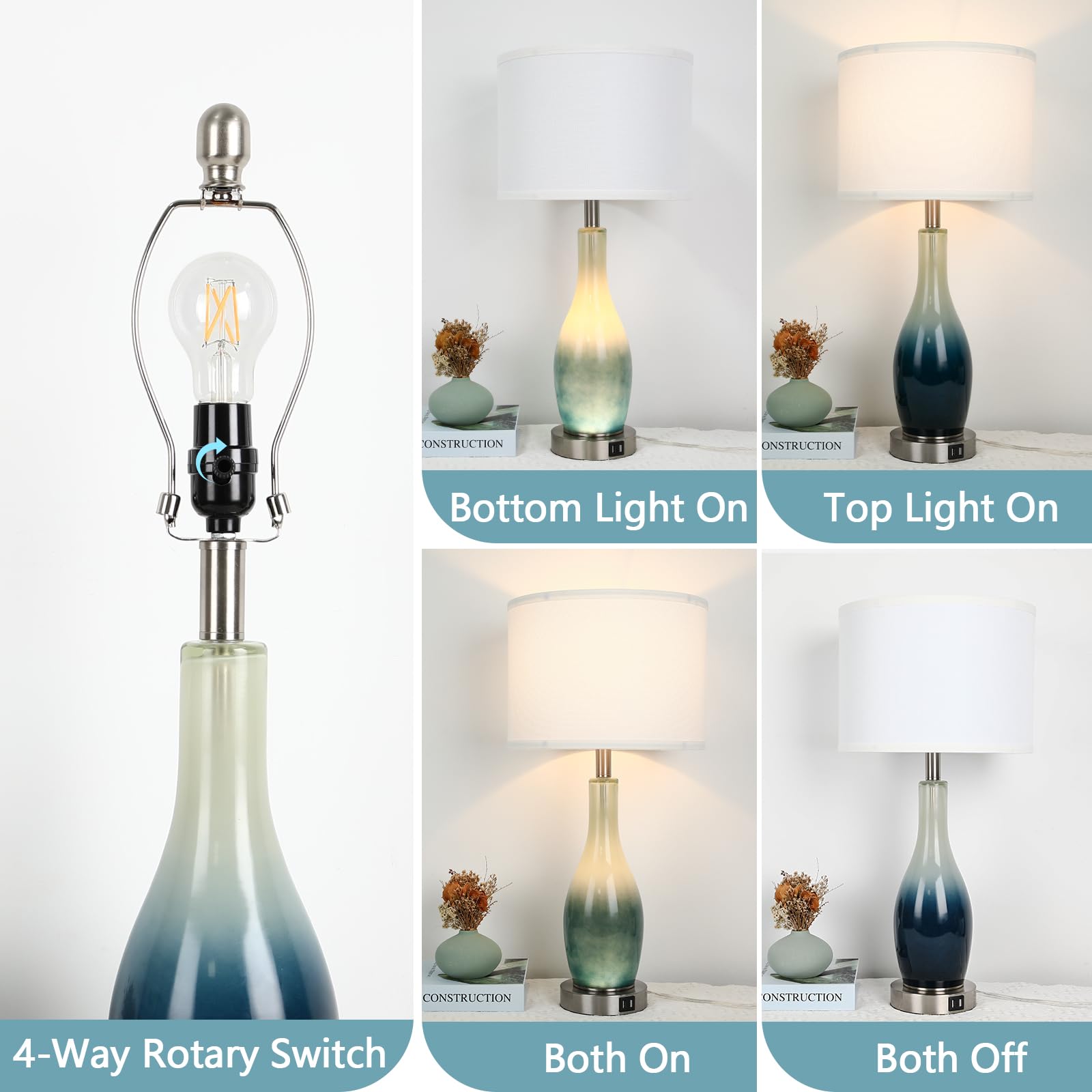 BesLowe 26in Coastal Glass Table Lamps Set of 2 with USB Ports & LED Nightlight, Blue, Modern Design for Living Room & Bedroom