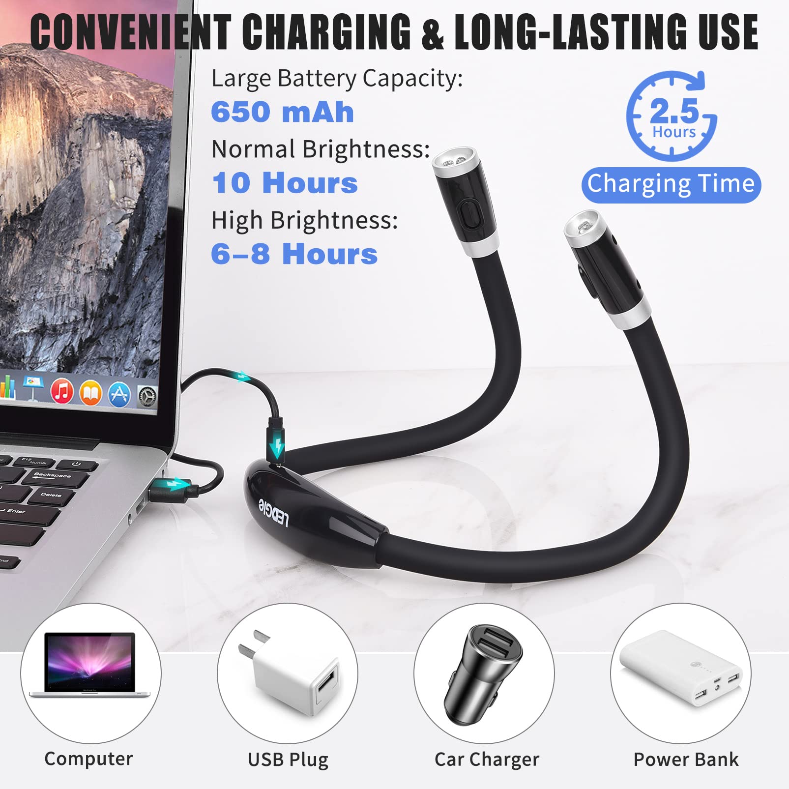 LEDGLE Neck Rechargeable Knitting Light - 3 Brightness Levels, Flexible Silicone Arms, Hands-Free Braiding Light, Black