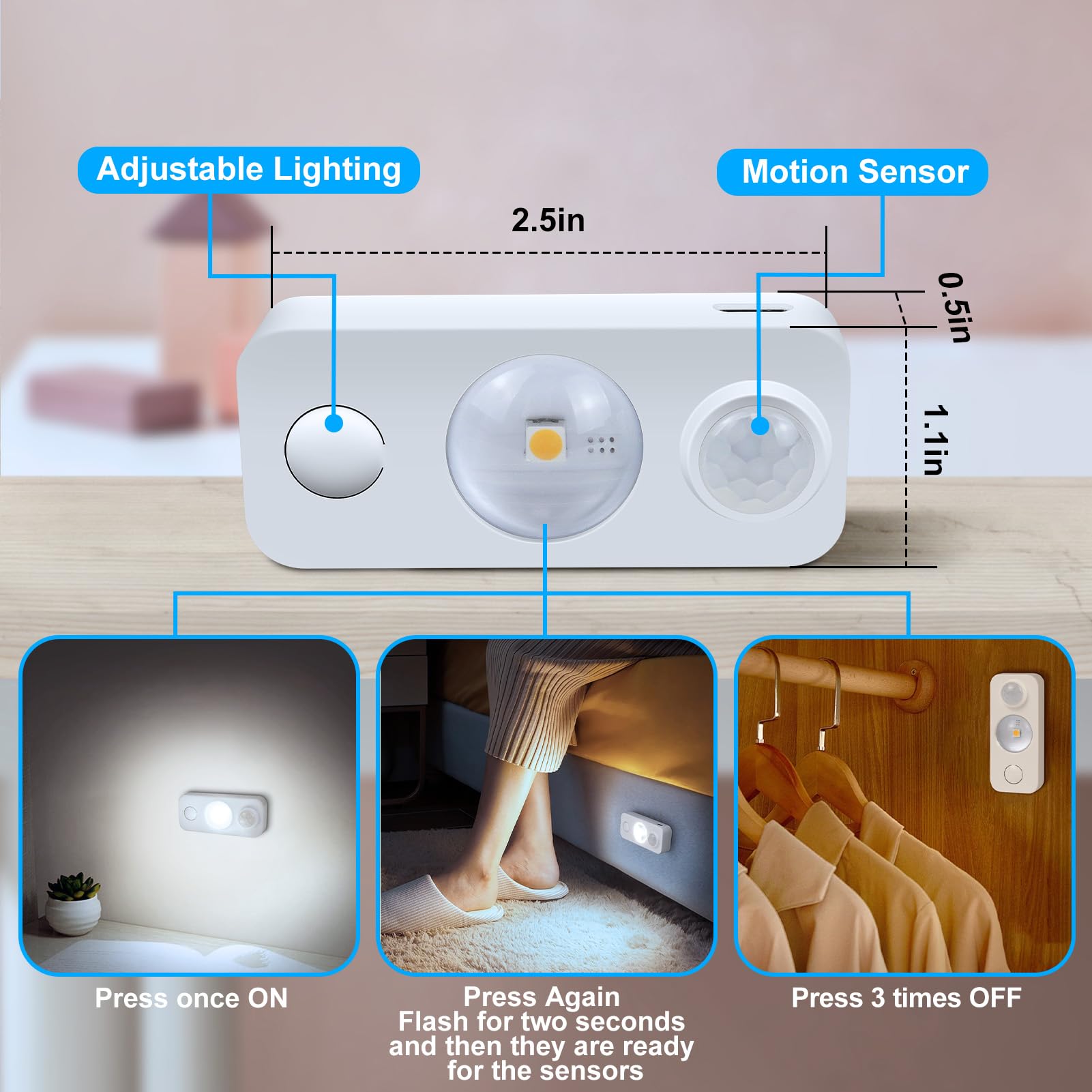NIEGNOWOO LED Motion Sensor Puck Lights, Rechargeable, Daylight White, 8 Pack, USB Charging Cord Included, Model DC-GY-CGD-DW-8P-US