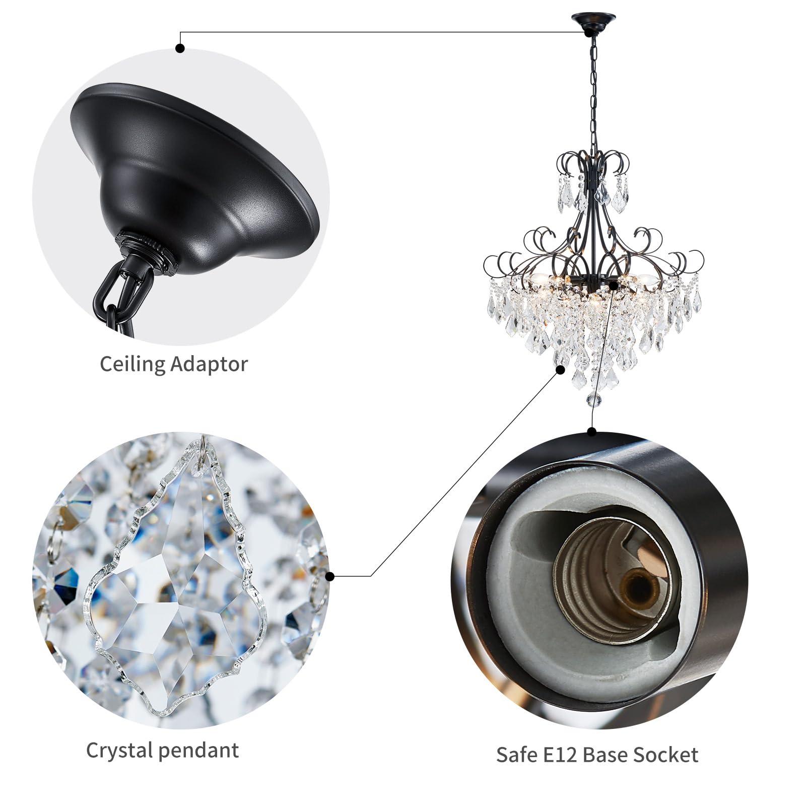 WUZUPS Crystal Chandelier Pendant Light 10-Light E12 Base Metal 27.6in H x 22.8in W Black CAHD30502B