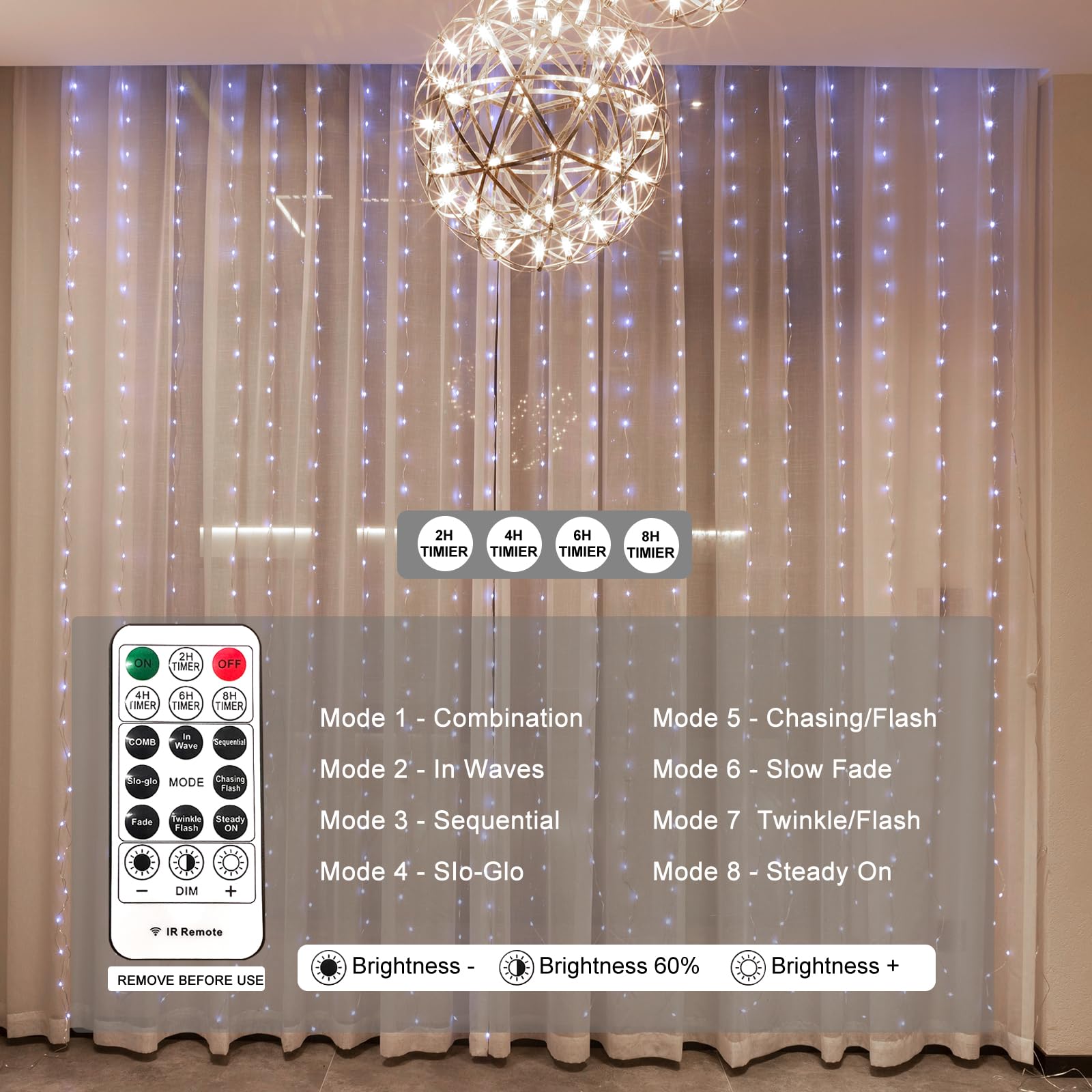 Sinamer Upgrade 300Led White Curtain Light With Untangled Wires, 9.8Ft X 9.8Ft Copper Wire String Lights, Usb Plug Hanging Window Fairy Lights, 8 Modes & Remote For Home Christmas Wedding Party