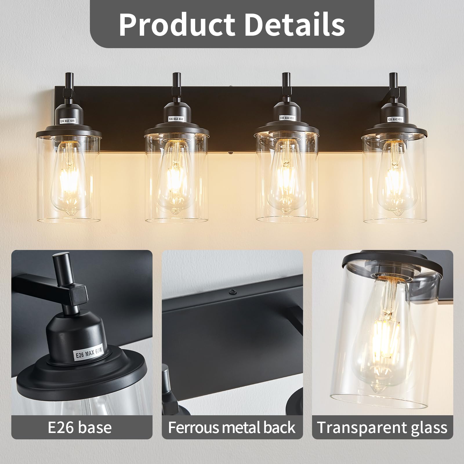 Lanhall 4-Light Black Bathroom Light Fixture Over Mirror Modern Farmhouse Bathroom Vanity Light Vintage Wall Lighting With Clear