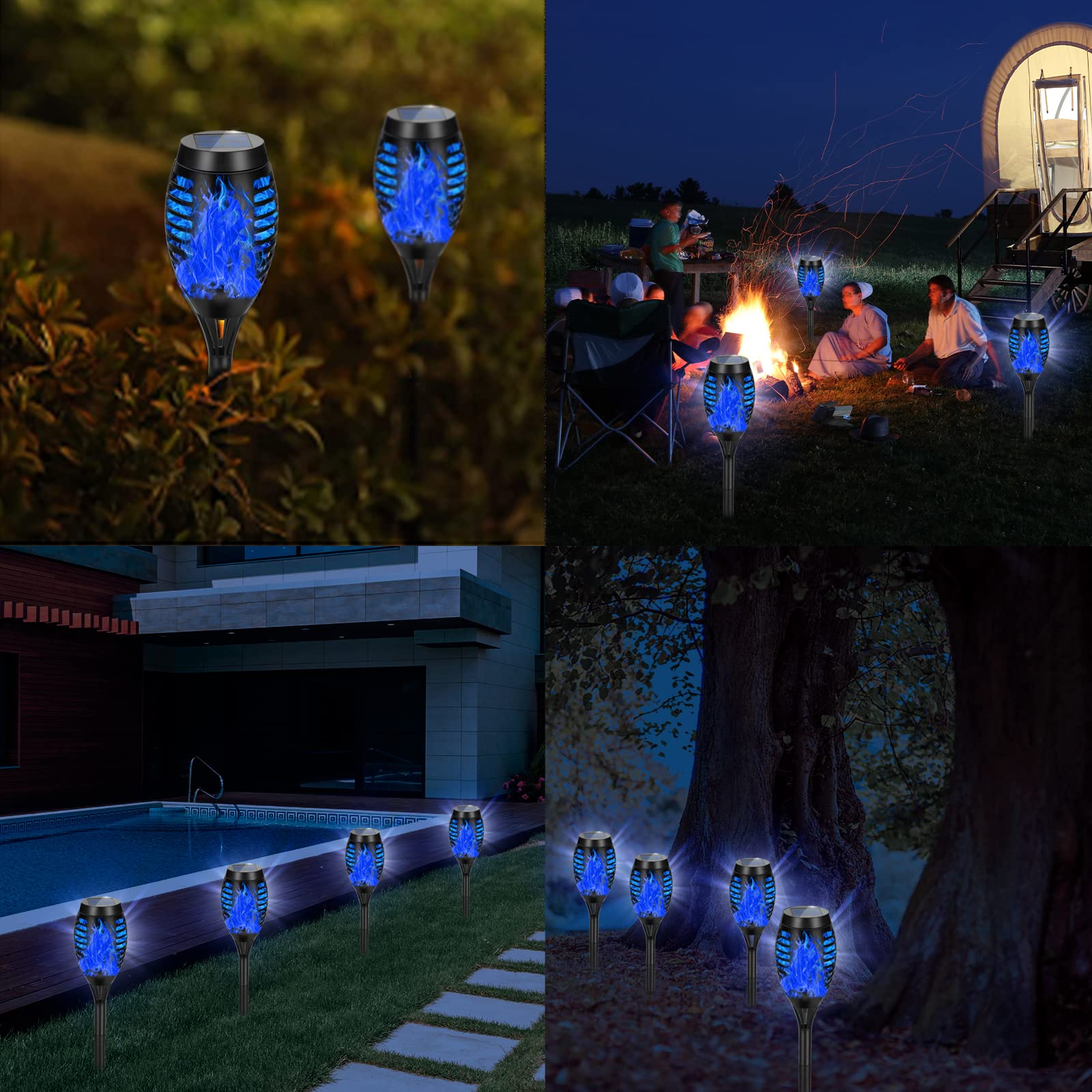 Aounq Solar Lights Outdoor Waterproof, 4 Pack Blue Solar Torch Lights Outdoor With Flickering Flame, Outdoor Solar Lights For Ya