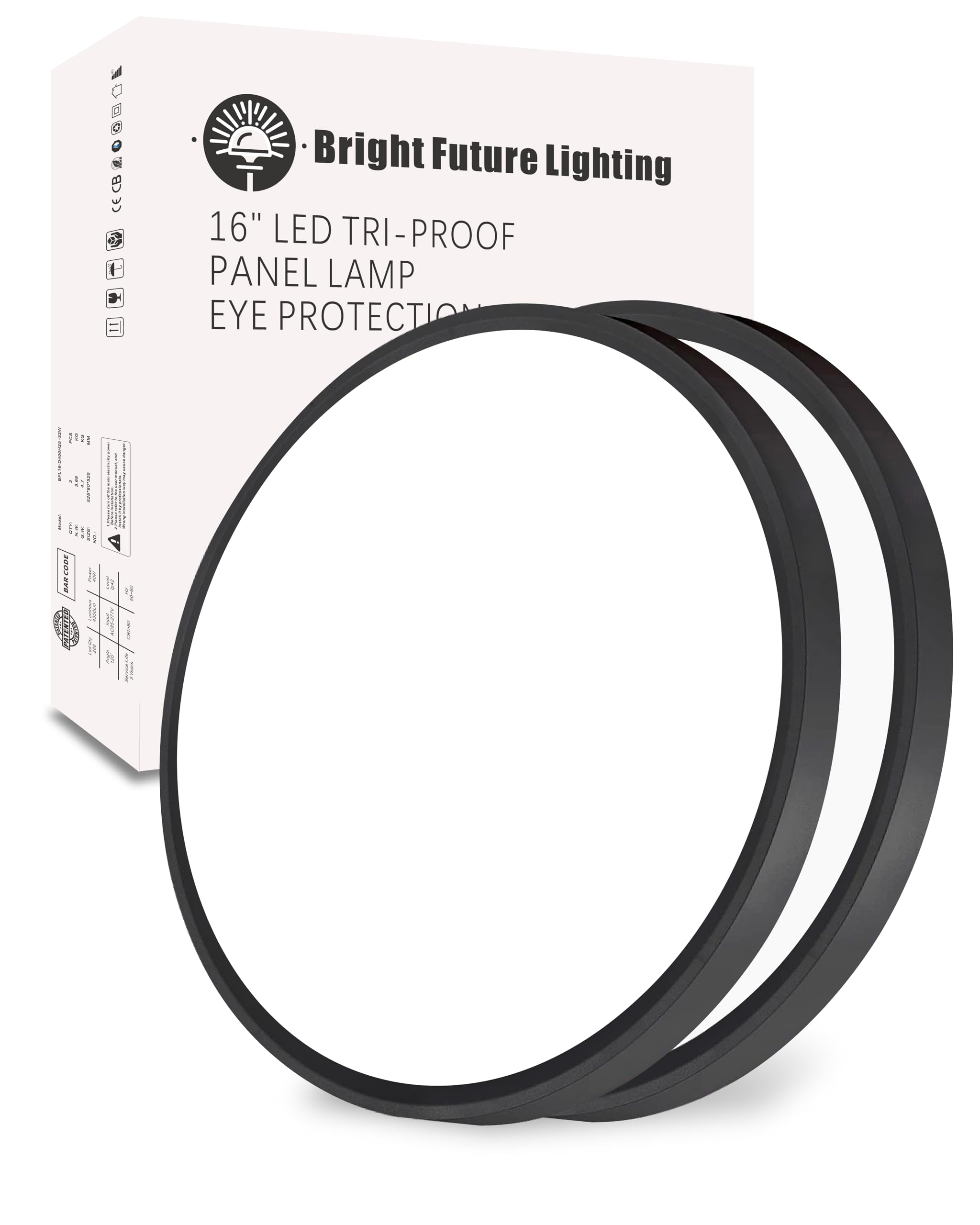 Bright Future Lighting LED Flush Mount Ceiling Light, 16Inch, 32W, 3480lm, CCT Selectable, Black, 2Pack, Model BFL16-D400H