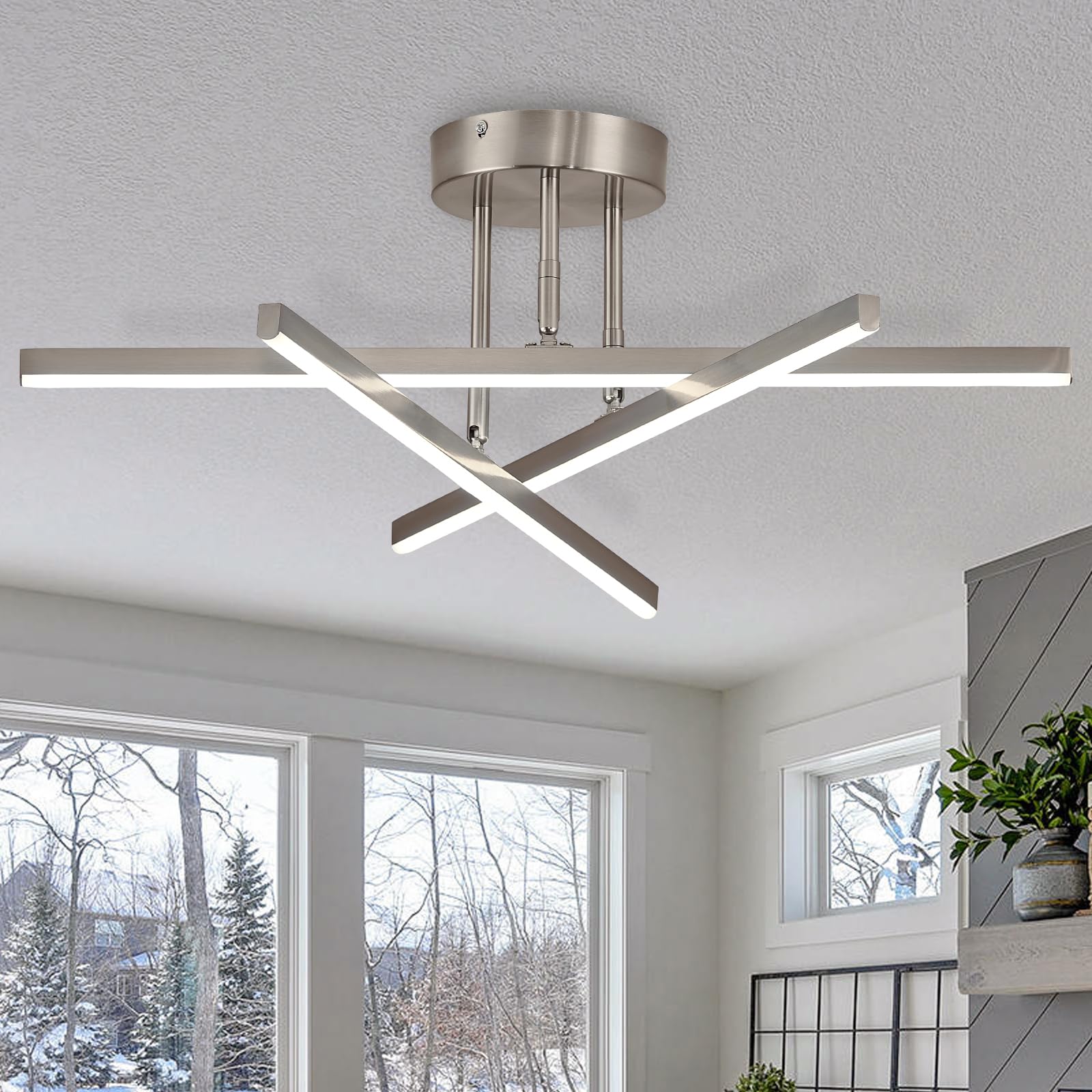 AIRYPHANT Modern LED Chandelier 18W Dimmable Nickel Semi Flush Mount Ceiling Light Fixture for Kitchen Dining Room Foyer Entry, 