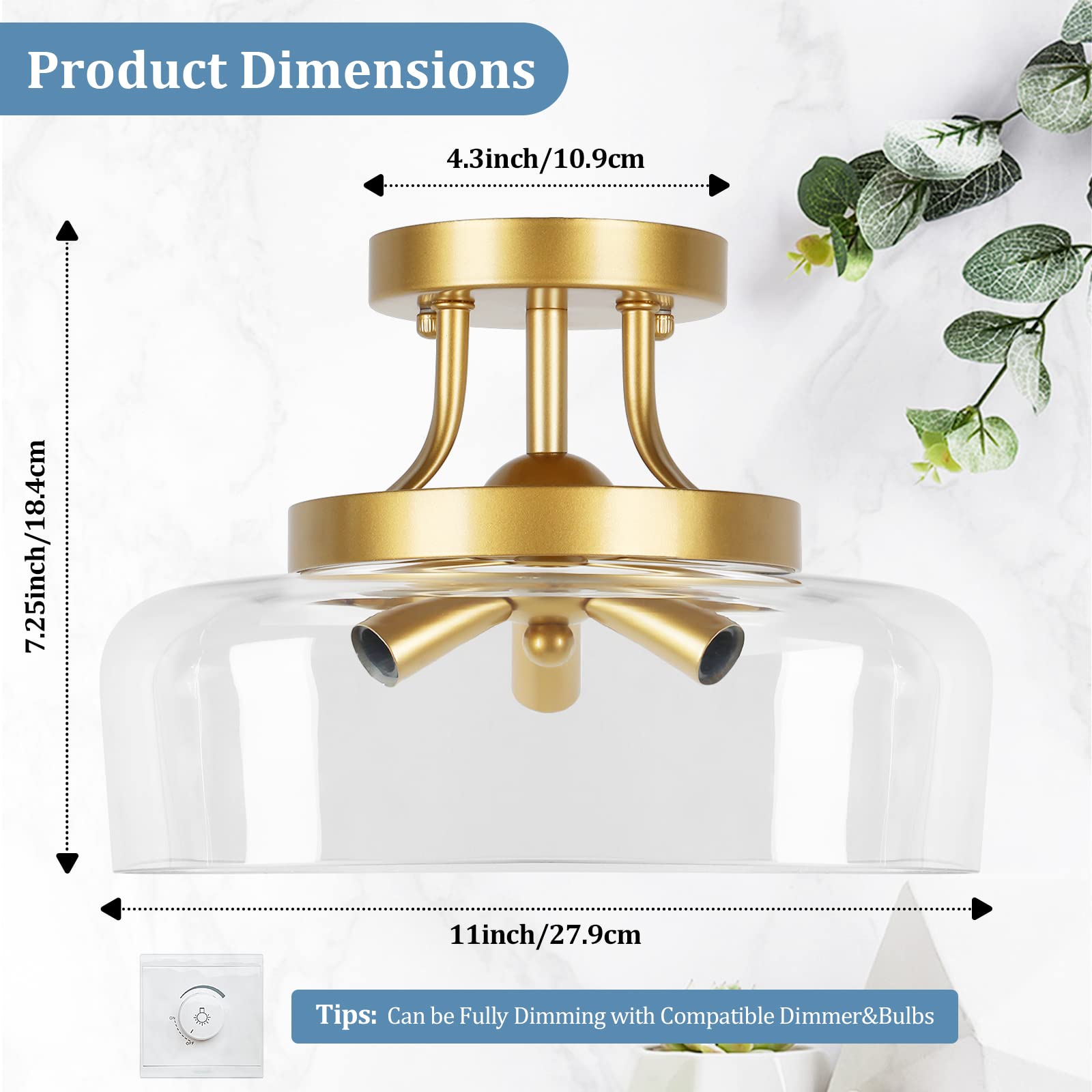 Tobusa 3-Light Gold Semi Flush Mount Ceiling Light With Glass Shade For Living Room And Kitchen