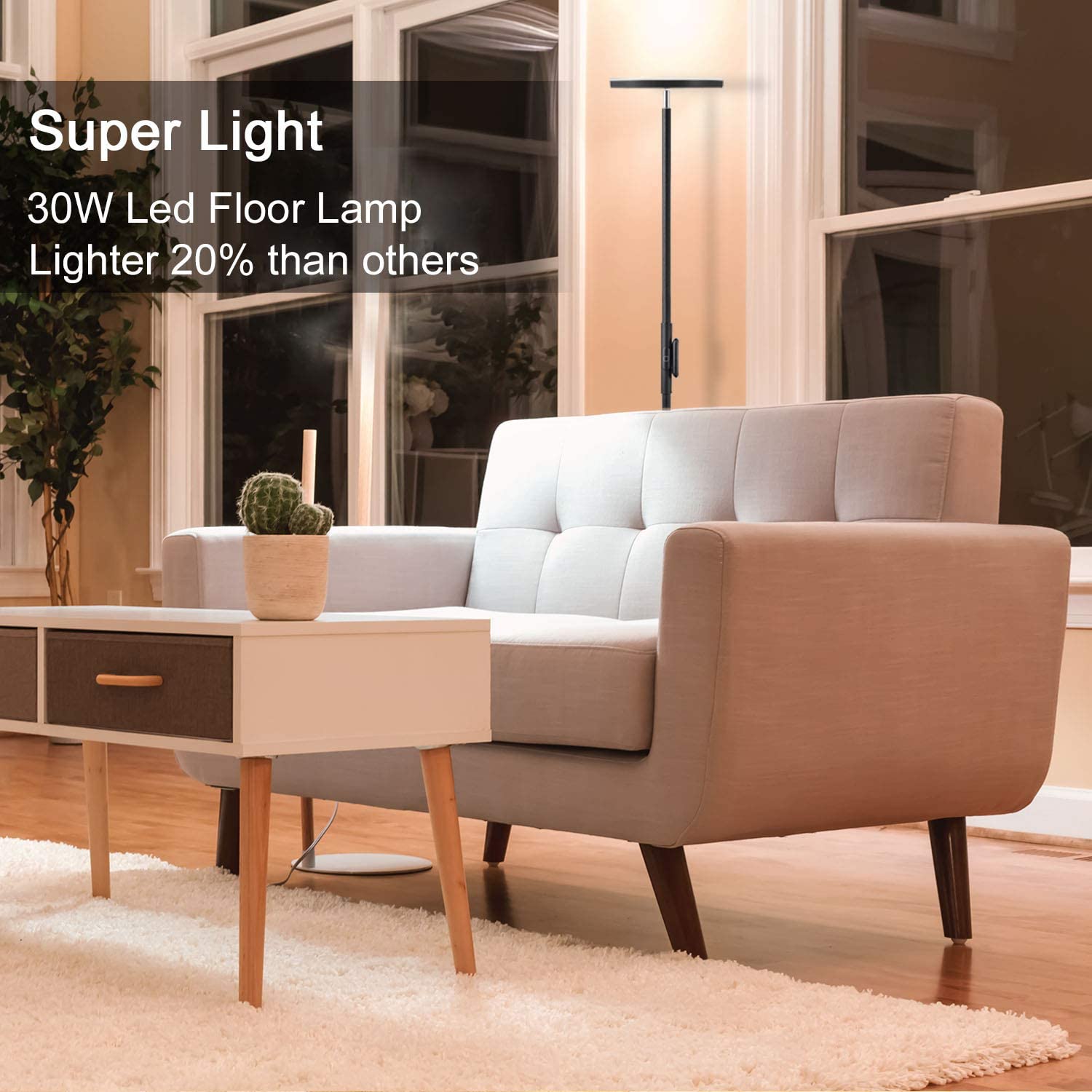 JOOFO 30W LED Floor Lamp - Modern Torchiere with Remote & Touch Control, 2400LM, Iron, Black, Model 1