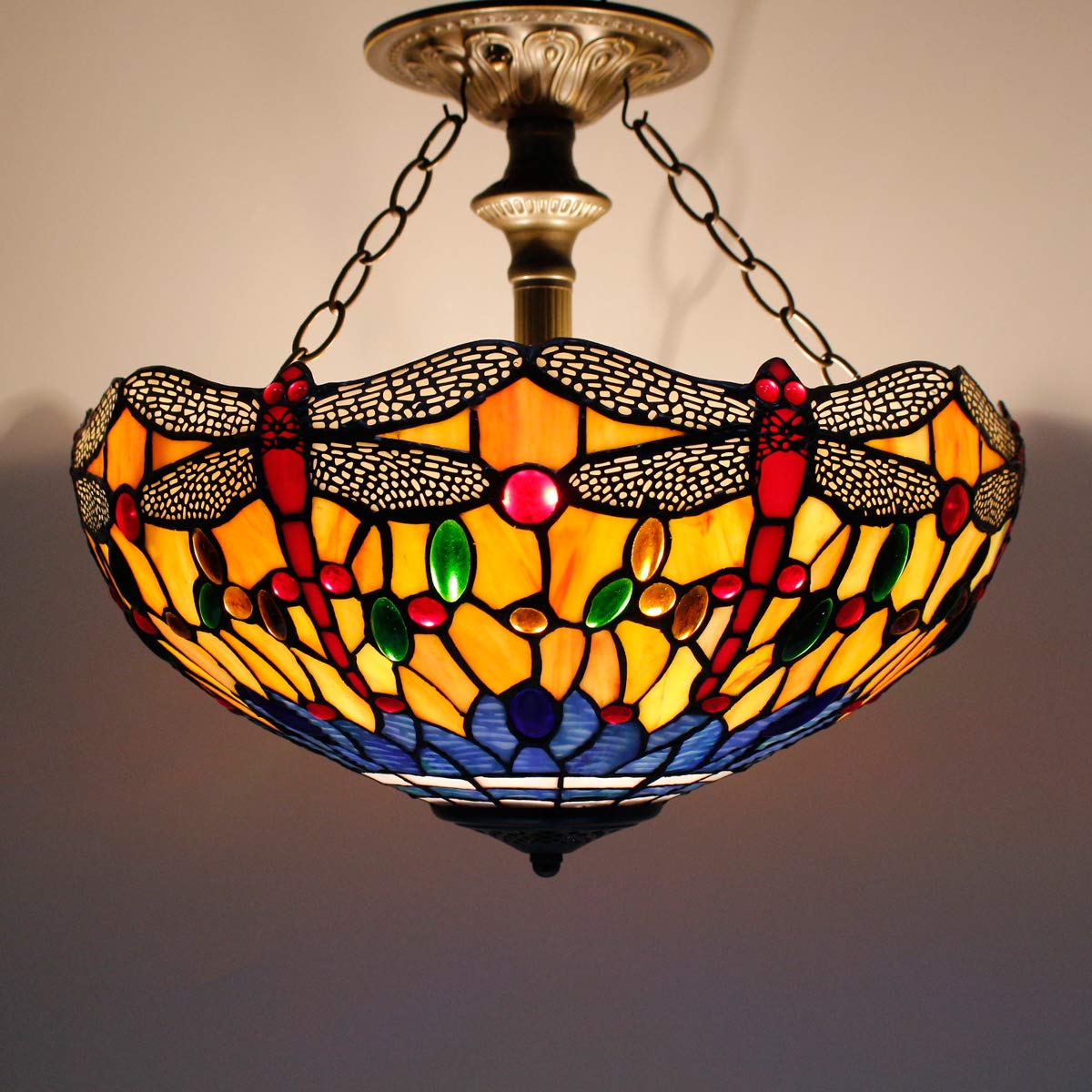 WERFACTORY Tiffany Ceiling Light Fixture, Stained Glass Dragonfly, 16in Wide, 15in Height, Orange Blue, S168 Series, Semi Flush Mount Lamp