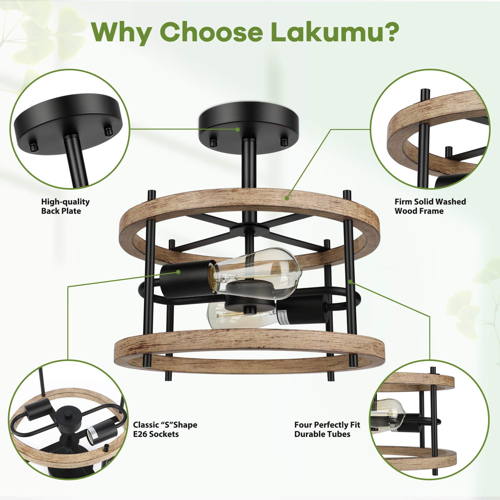 Lakumu 2-Light Semi Flush Mount Ceiling Light, Rustic Wood & Black Metal, 12.8in Size, Model C3111-02-WDBK, Oak Finish