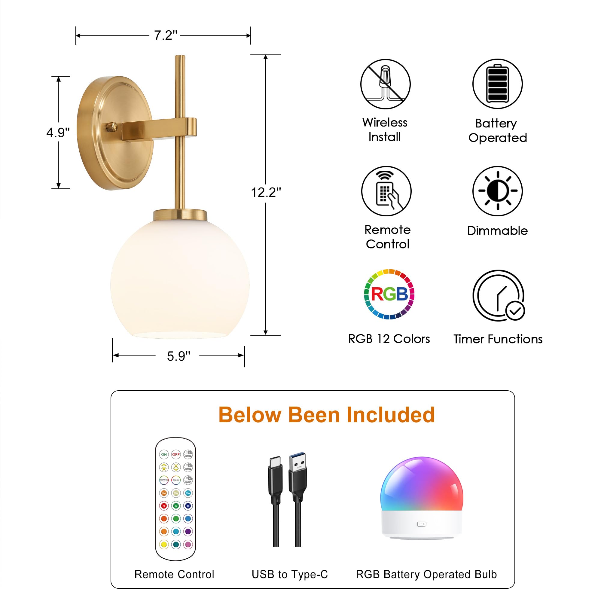 SANTOSTOCK Gold Battery Operated Wall Sconce Set of 2, Wireless LED Lights with Remote, Opal Glass Shade, RGB Colors, Model SSW022G1-2C