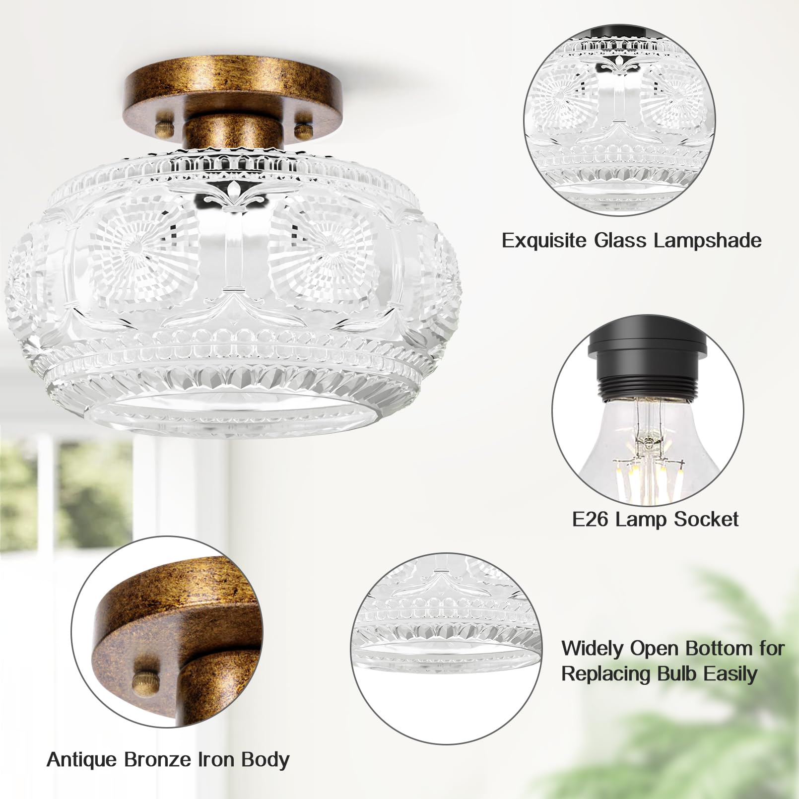 Oykyohei Semi Flush Mount Ceiling Light, Globe Glass Ceiling Light Fixture, Antique Bronze Modern Lighting For Hallway Bedroom E