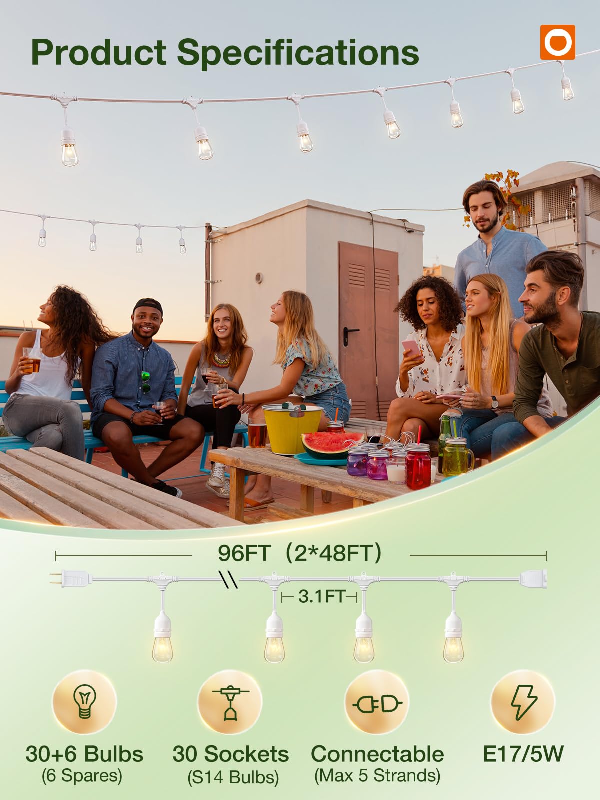 addlon Outdoor String Lights, 96FT White, 36 Edison Bulbs, Weatherproof, ETL Listed, Model JCD-DL/E17/30, Perfect for Patio Garden