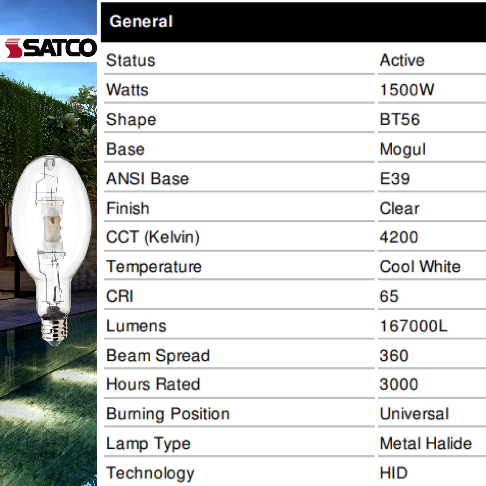 Satco S5837 Metal Halide HID Bulb, 1500W, 4200K, Mogul Base BT56, 6 Count for Street, Industrial, and Commercial Lighting