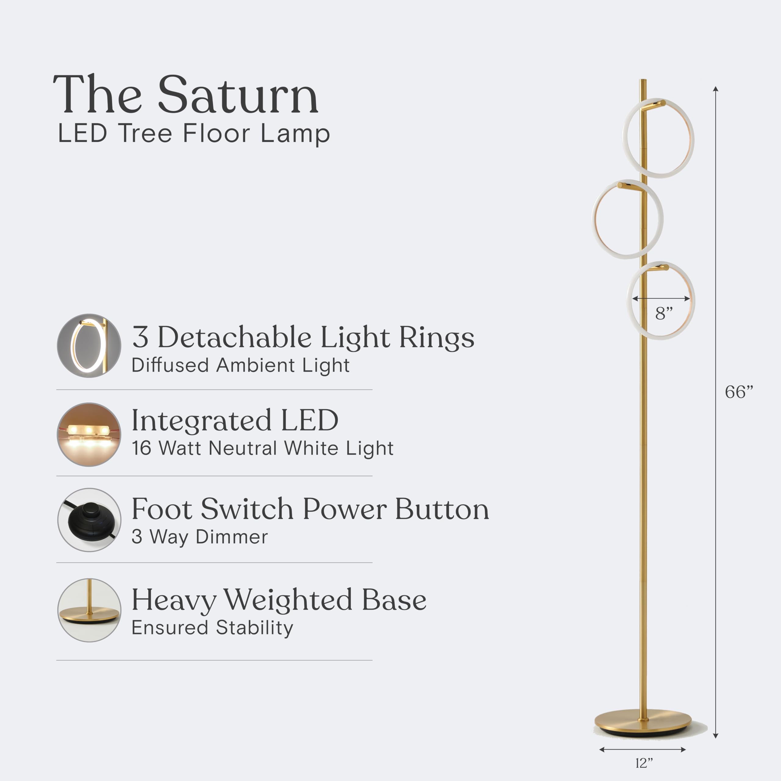 Brightech Saturn Floor Lamp - Tall Brass Tree Lamp with 3 LED Lights, Warm White Light - Contemporary Living Room Decor, Model FL-SATRN-BRS