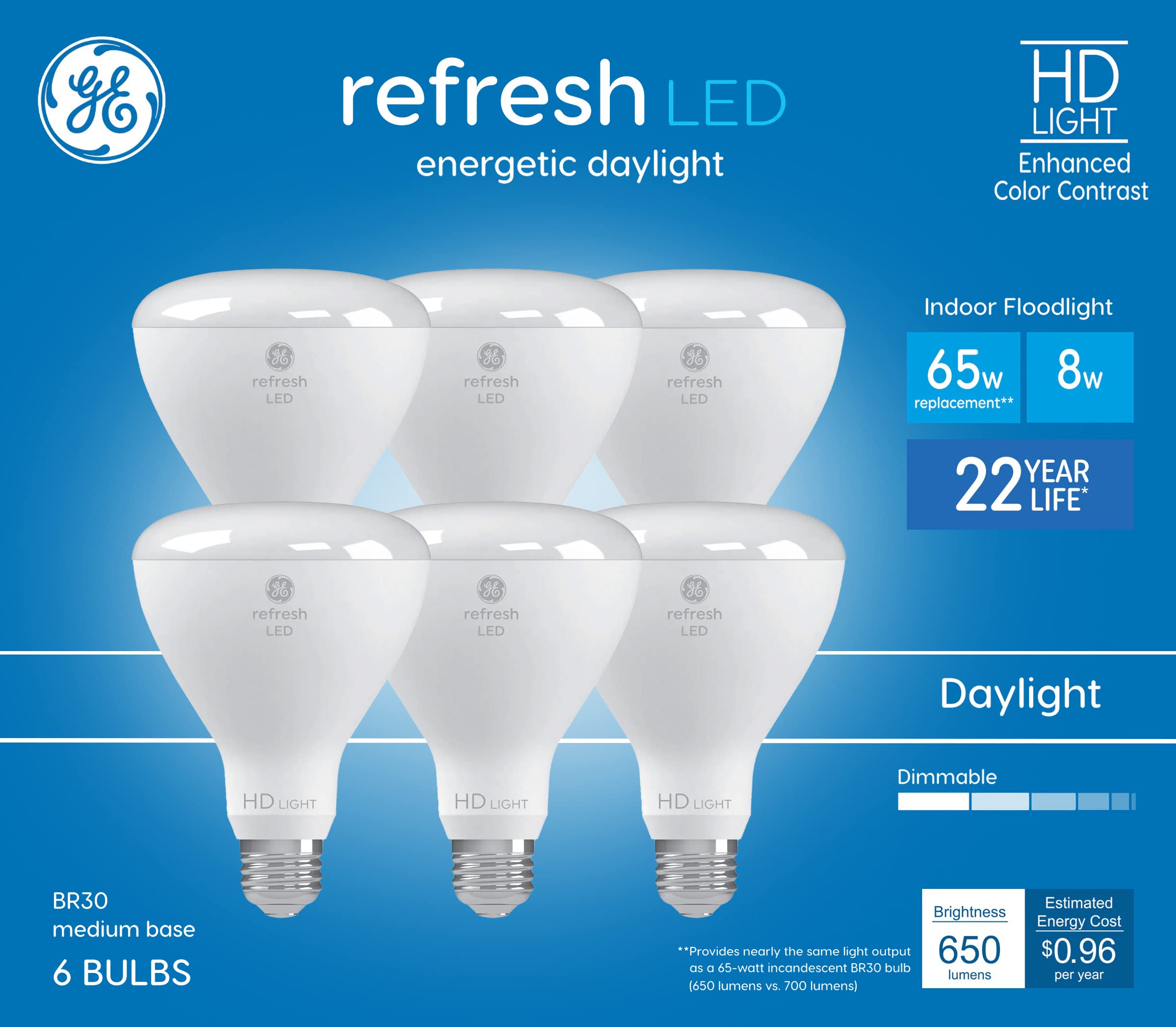 Ge Refresh 6-Pack 65 W Equivalent Dimmable Daylight Br30 Led Light Fixture Light Bulb 22 Year Life