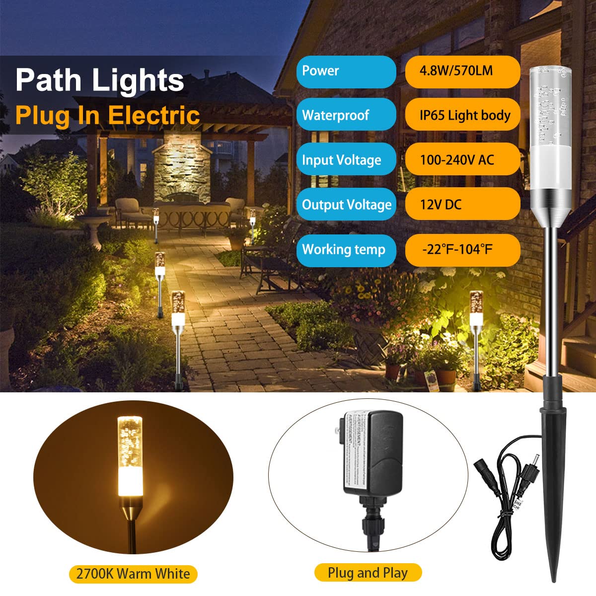 GreenClick LED Pathway Lights, 4.8W 12V Low Voltage, 570 Lumen, IP65 Waterproof, 6 Pack, Warm White, Model Pathlights-01