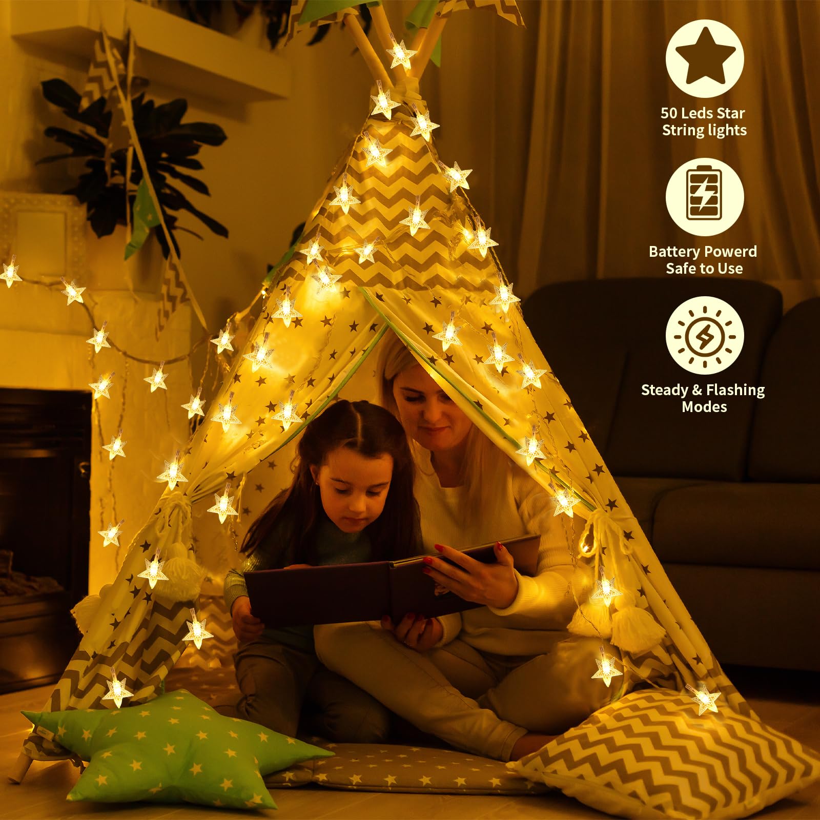 Yoitomehy Star String Lights, 17 ft, 50 LEDs, Battery Operated, Warm White, Model yunc601, Ideal for Bedroom, Wedding, Patio Decor