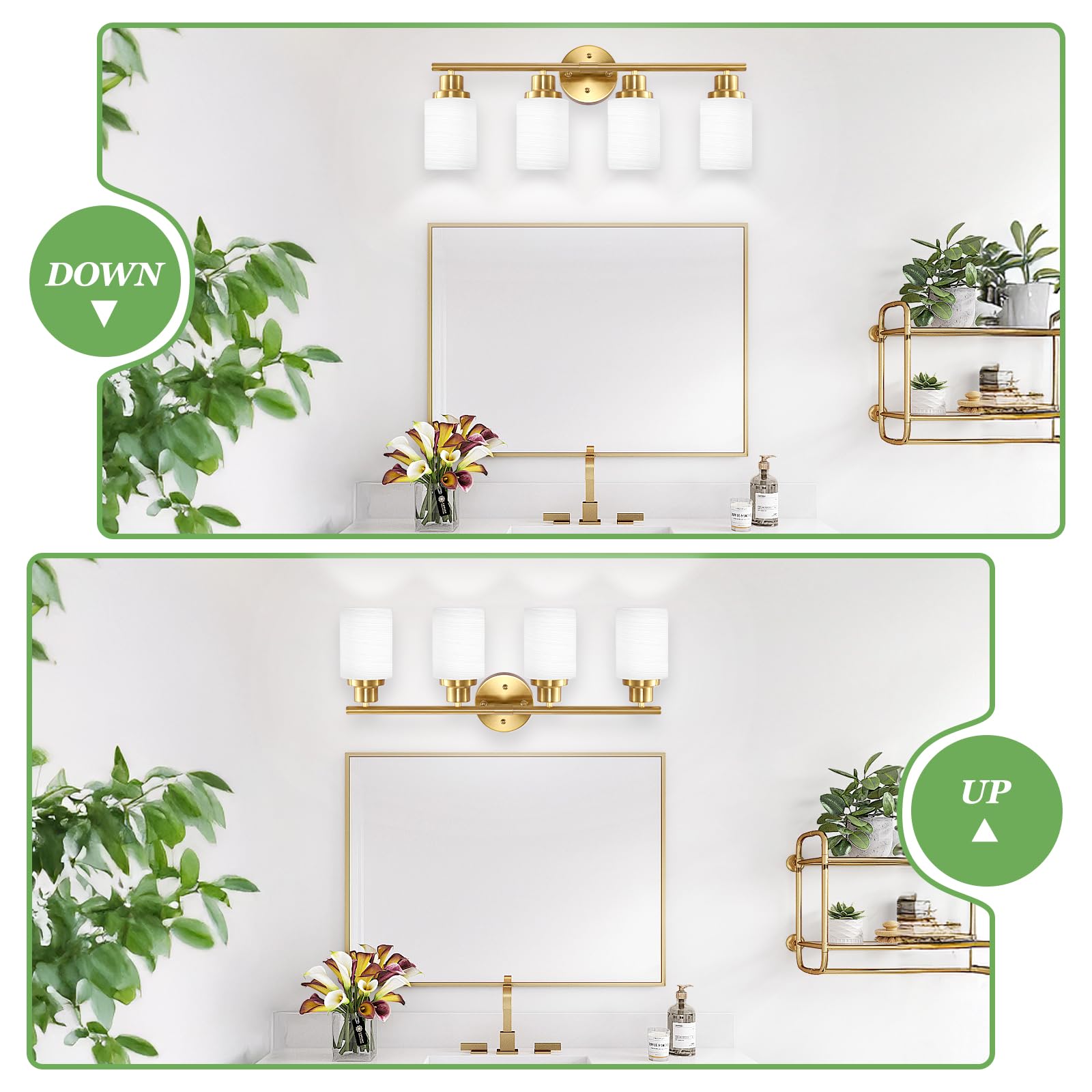 Guliaofo Gold Bathroom Light Fixtures, 4-Light Bathroom Vanity Light, Bathroom Wall Lights With White Frosted Glass Shade, Vanit