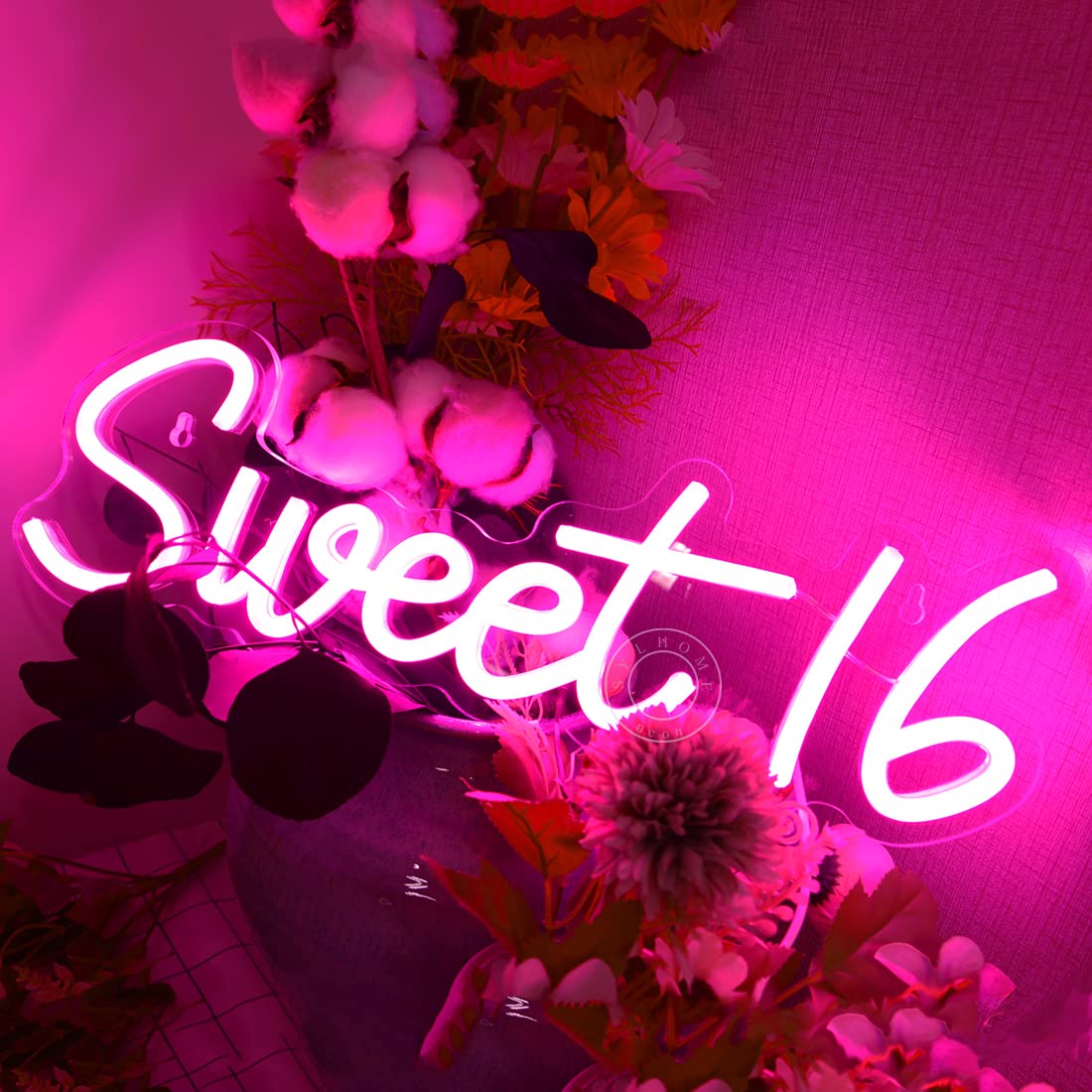 SYLHOME Pink Sweet 16 LED Neon Light Sign - 15.75" x 5" - Crystal & Acrylic Birthday Wall Decor for Girls - Model NS-ZF5VD-Sweet1602