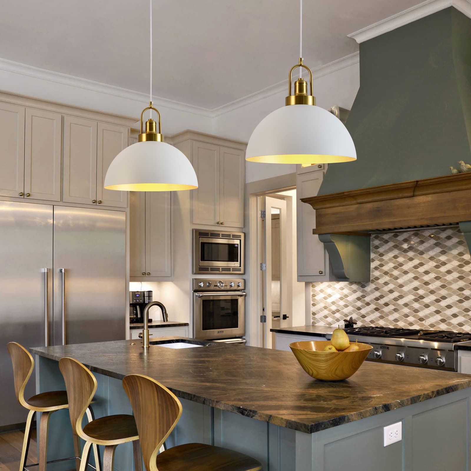 Vintage Industrial Pendant Light - 13.58'' Rustic White And Gold Farmhouse Dome Pendant Lighting, 78.74'' Length, For Kitchen, D