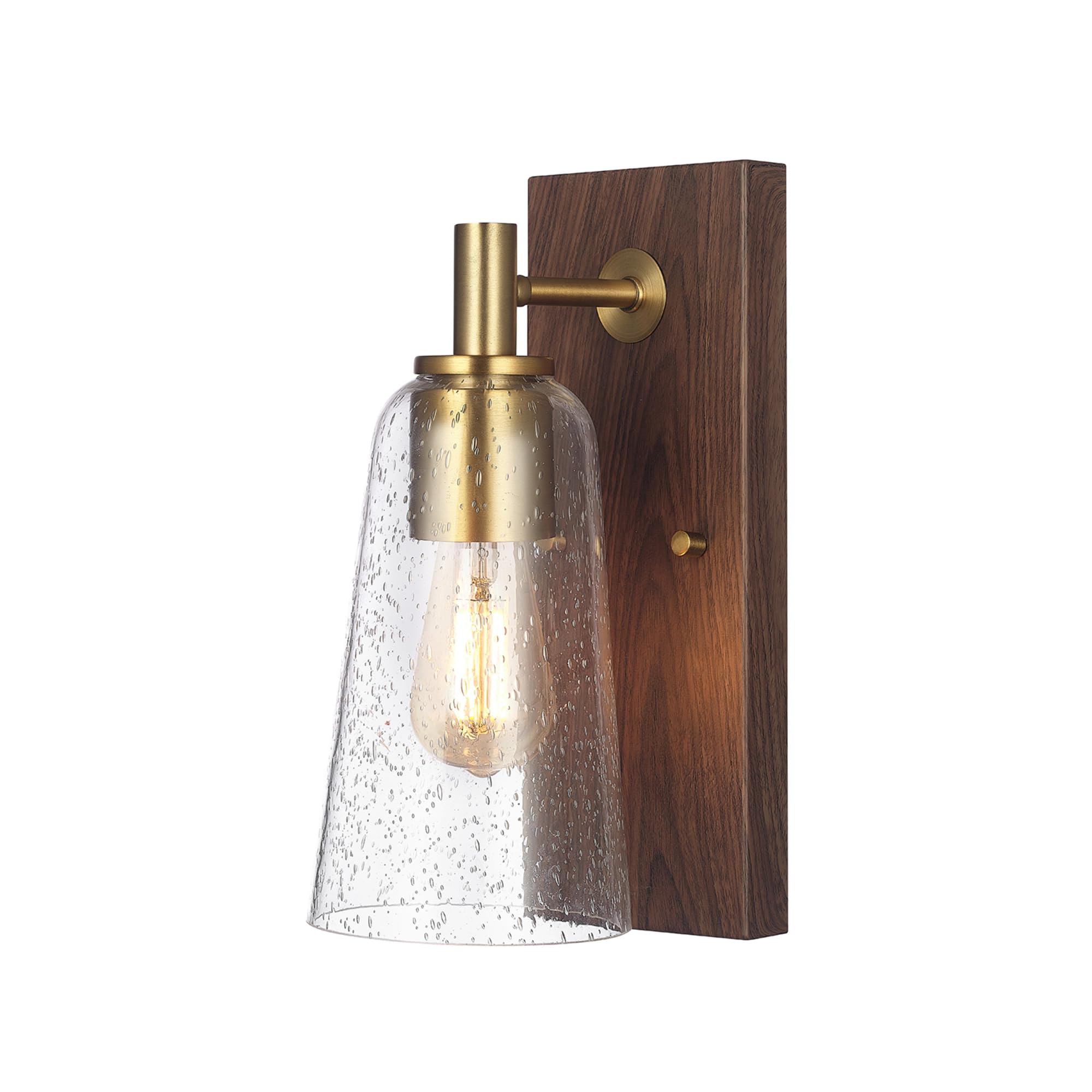 Globe Electric 65000051 1-Light Wall Sconce, Dark Wood Toned, Matte Brass Accents, Seeded Glass Shade, E26 Base Socket, Lights F