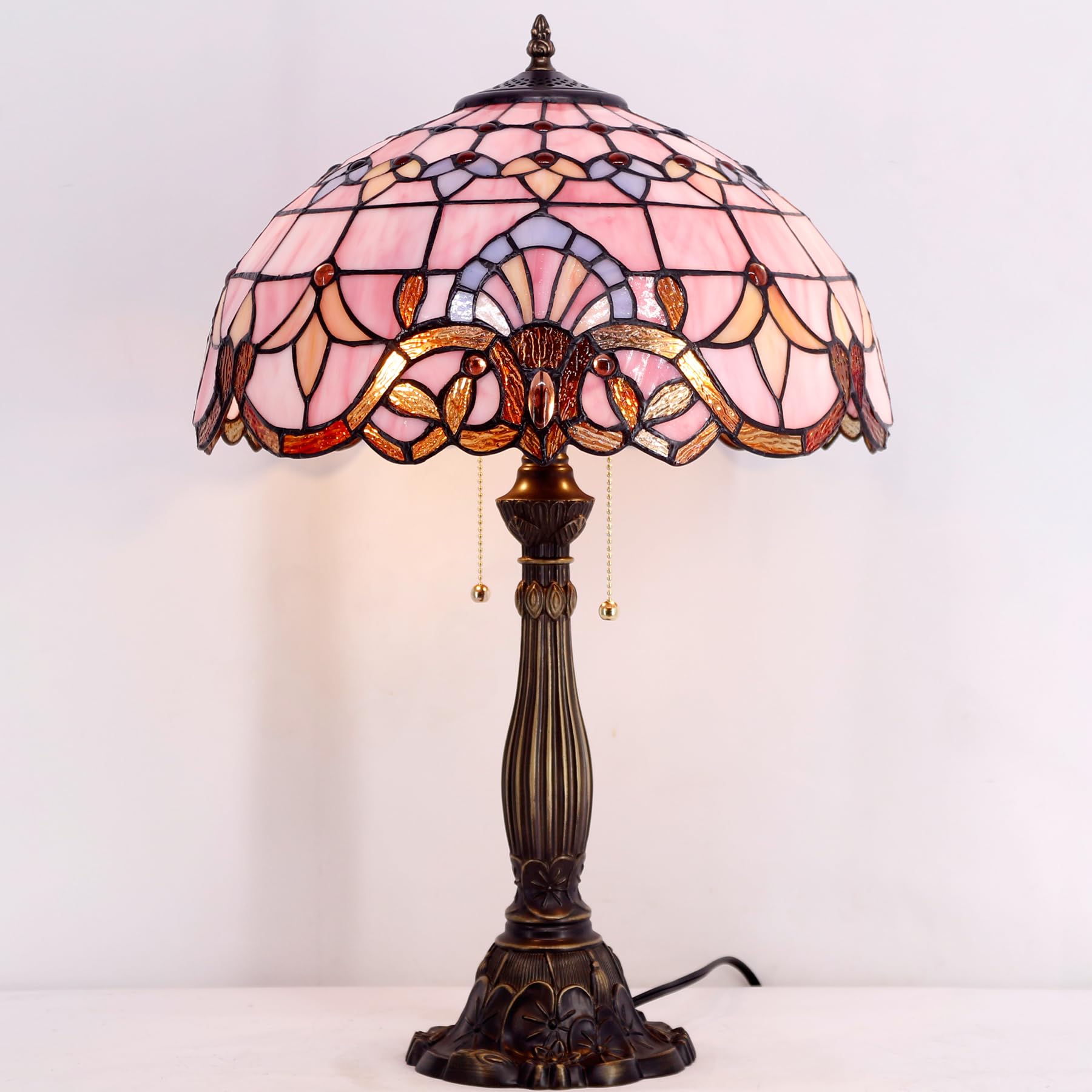 Werfactory Tiffany Lamp Pink Stained Glass Baroque Bedside Table Lamp Style Desk Light 16X16X24 Inches Decor Bedroom Living Room
