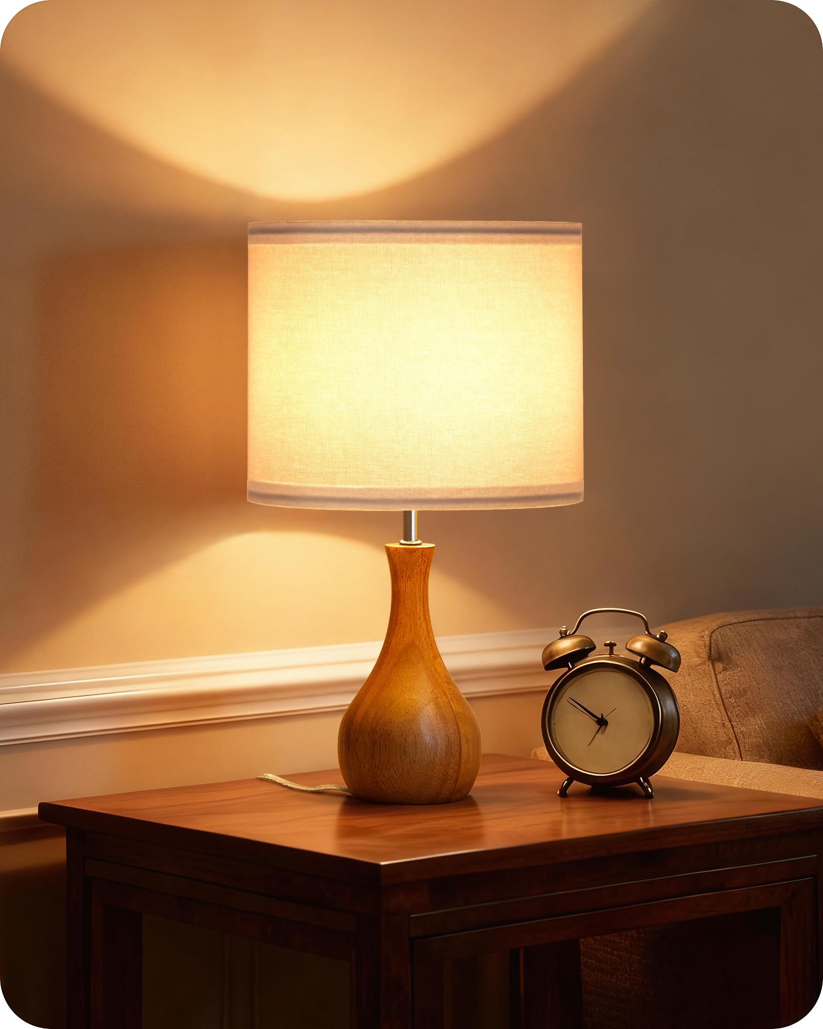 GOEBLESON Small Table Lamp, Wood Bedside Lamp with White Linen Lampshade & Dark Wood Base, Mid Century Modern Nightstand Lamp fo