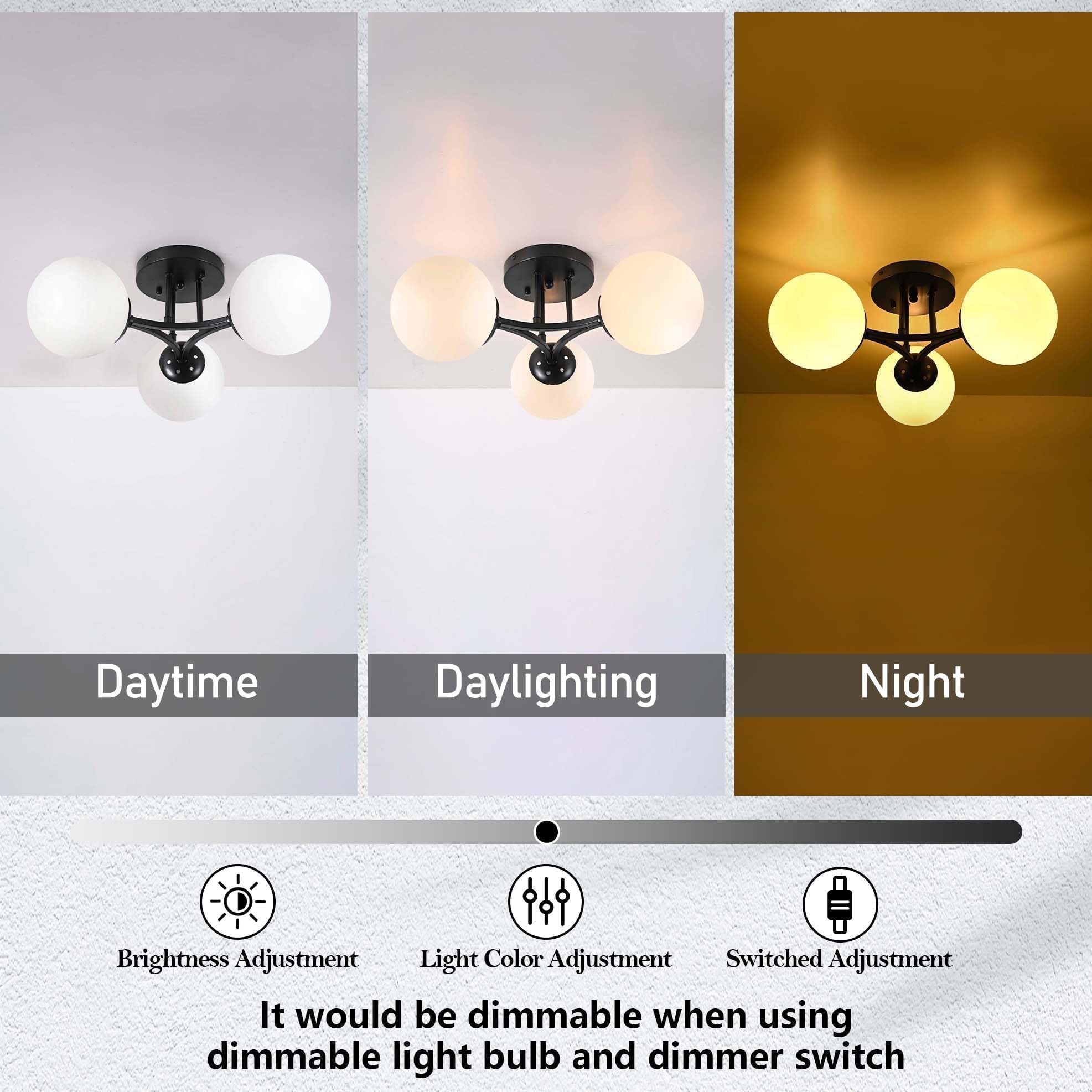 Bagood 3 Lights Modern Globe Ceiling Light Semi Flush Mount Ceiling Light Mid Century Ceiling Light Sputnik Light Fixture Chandeliers Frosted Glass Matte Black Chandeliers For Hallway Laundry Bedroom